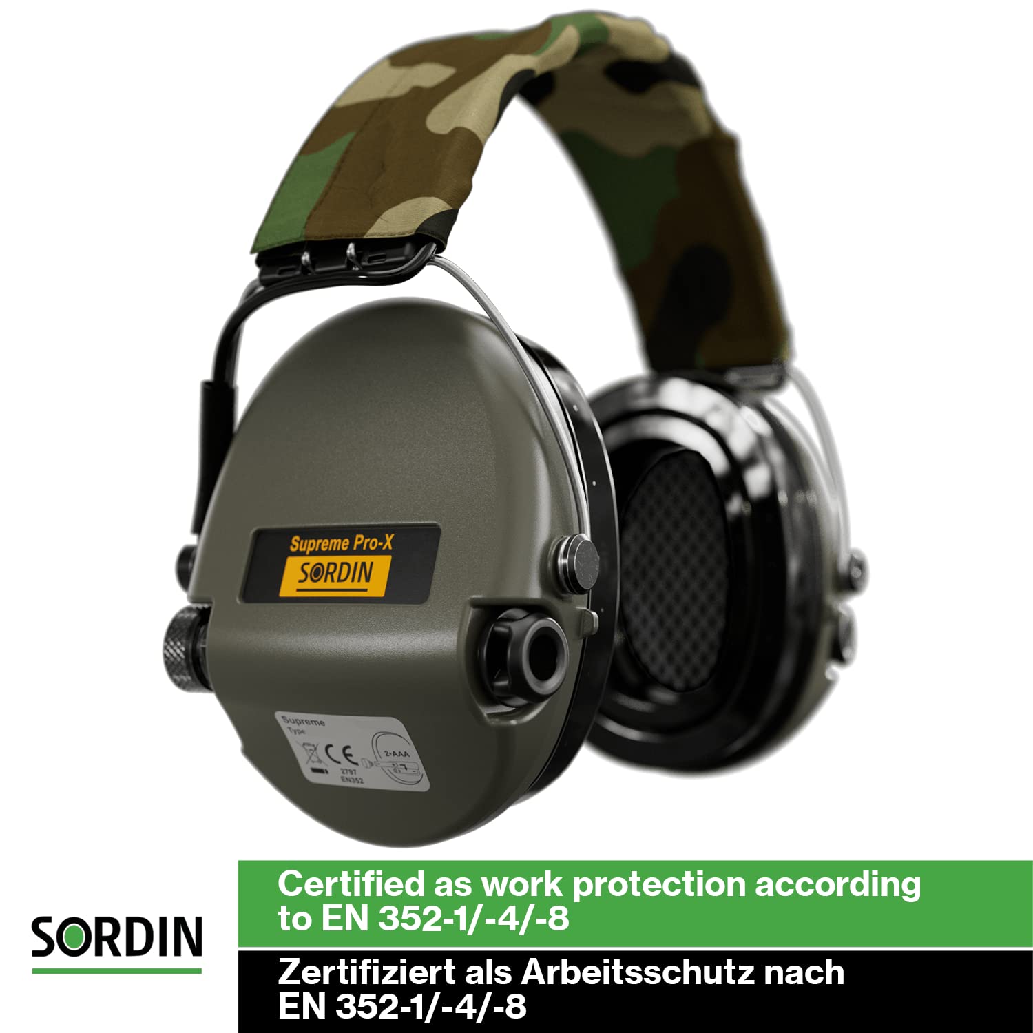 Sordin Supreme PRO X Adjustable Active Safety Ear Muffs - Hearing Protection with Camo Canvas Headband & Green Cups for Shooting, Hunting, Construction & Industrial Work
