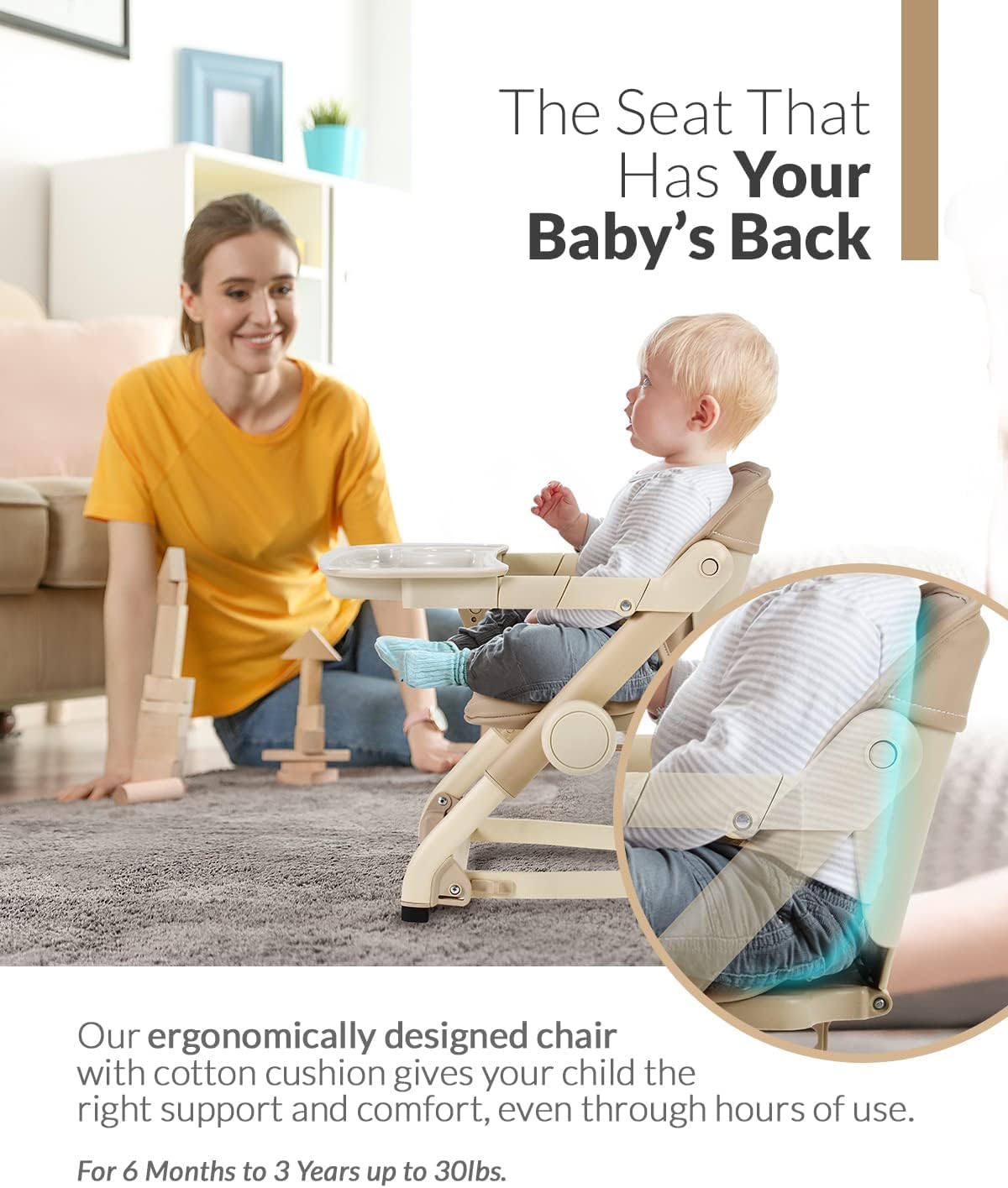 Voltz Toys Feed Me 3-in-1 Travel Booster Seat for Kids & Babies - Adjustable, Foldable, Portable High Chair with Safety Harness - Perfect for Dining, Travel & Outdoor Use (Tan)