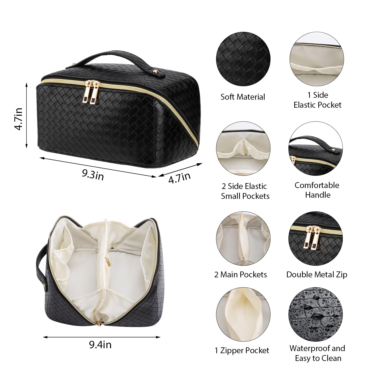 Large Capacity Waterproof Travel Makeup Bag for Women - Portable Cosmetic Organizer with Multiple Compartments, Foldable Flat Lay Design for Easy Access - Perfect for Toiletries, Beauty Essentials & On-the-Go Makeup (Black) - Ideal for Travel, Gym, Vacation & Daily Use