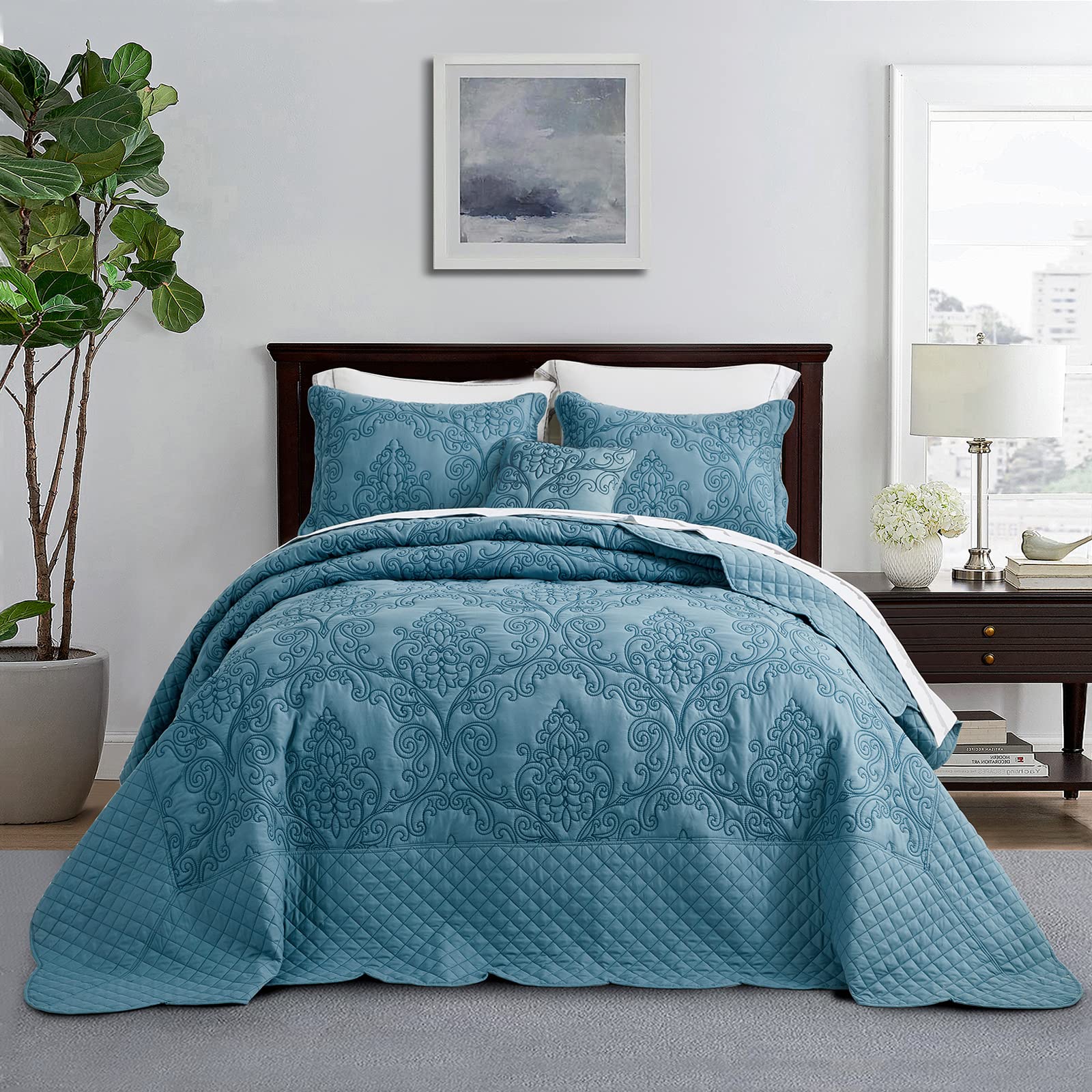 Luxury CHIXIN Full Size Reversible Bedspread Coverlet Quilt Set - 4 Piece Lightweight Bedding with Damask Paisley Pattern & Beautiful Stitching (Full, Lagoon) - Perfect for Guest Rooms, Master Bedrooms & Cozy Home Decor