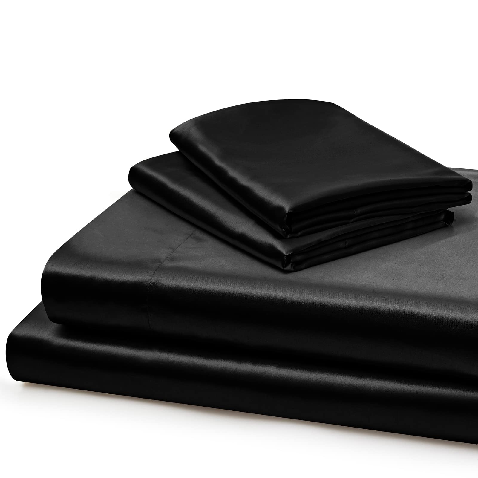 Vonty Cooling Satin Queen Sheet Set - 4 Piece Extra Deep Pocket (18-24 Inch) Silky Soft Bed Sheets for Queen Size Mattress | Breathable & Luxurious Black Satin Bedding for All Seasons - Perfect for Hot Sleepers, Master Bedrooms & Guest Rooms