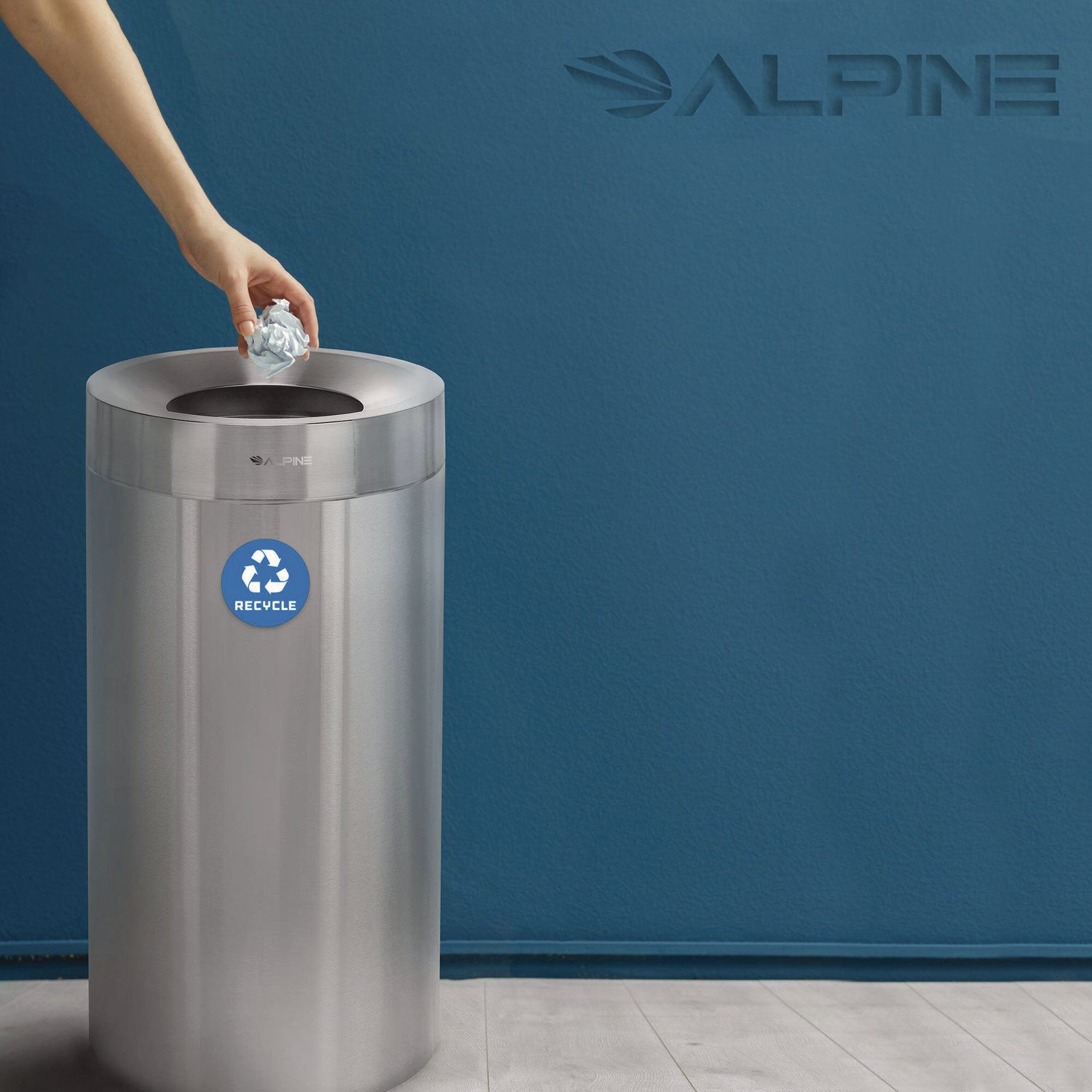 Alpine Industries 27 Gallon Stainless Steel Recycling Bin with Lid - Brushed Metal Trash Can for Home, Office & Outdoor Use - Durable & Rustproof Waste Container