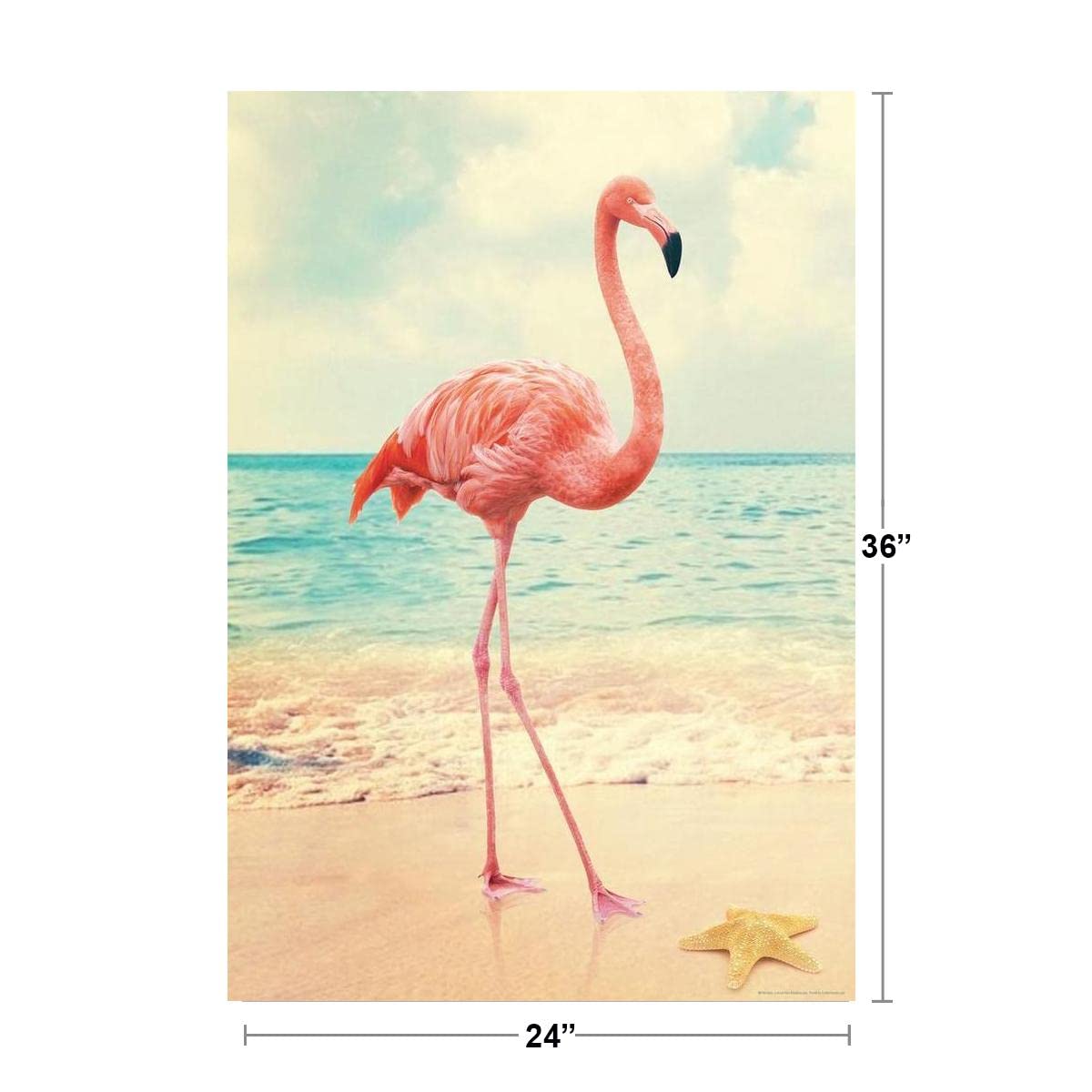 Flamingo on Beach with Starfish - Tropical Flamingo Wall Art Print, Pink Flamingo Bird Wildlife Poster (24x36) - Perfect for Beach Theme Bathroom Decor, Coastal Living Room, or Tropical Nursery Wall Art