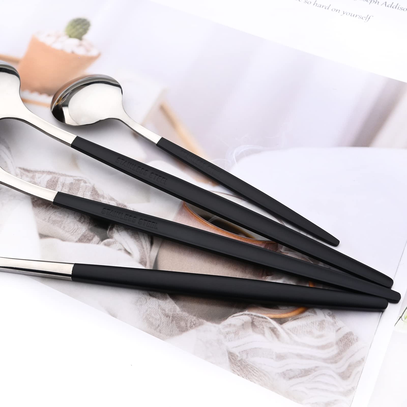 24-Piece Mirror Cutlery Serving Set - 18/0 Stainless Steel Silverware with Black Handle - Modern Tableware for Home, Party, Restaurant & Christmas Dinner - Service for 6 (Black Silver) - Perfect for Holiday Gatherings, Wedding Receptions & Fine Dining