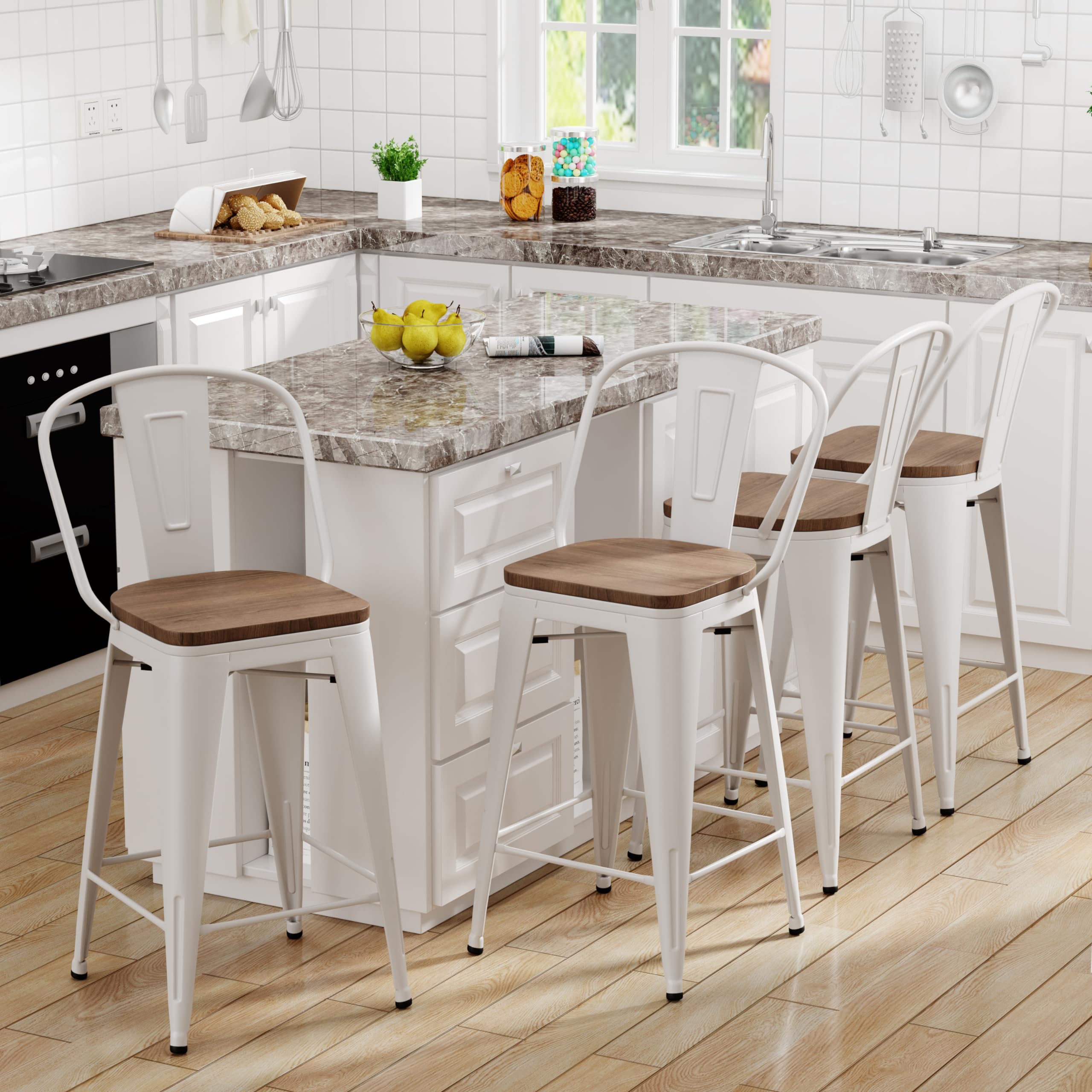 Yongqiang 30 Inch Bar Stools Set of 4 - Farmhouse Style High Back Kitchen Bar Chairs with Large Wooden Seat - Cream White Metal Barstools for Kitchen Island, Breakfast Nook & Home Bar Decor