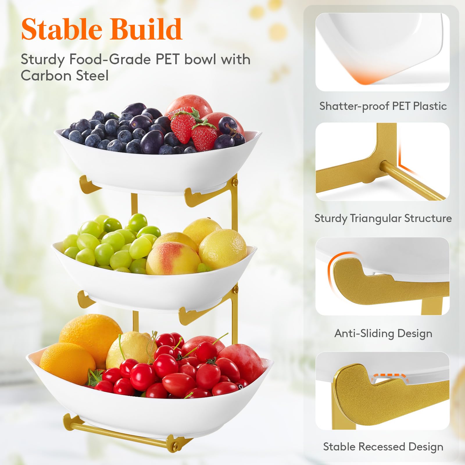 3-Tier Plastic Fruit Bowl Basket with Gold Metal Stand - Kitchen Countertop Organizer for Fruits, Vegetables, Cakes & Desserts | Perfect for Party Serving, Dining Room Decor & Gift Giving