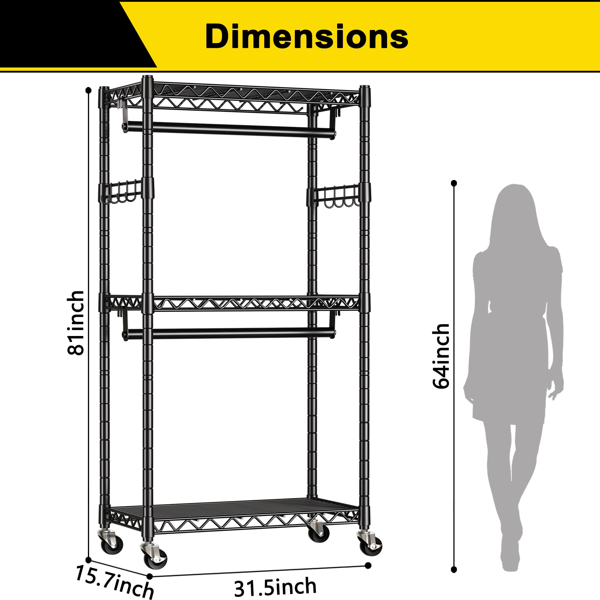 GIOTORENT G12 Heavy Duty Rolling Garment Rack - 3-Tier Metal Clothes Rack with Double Rods & Hooks, Freestanding Wardrobe Organizer (450 lbs Capacity, Black) - Perfect for Home Closet Organization, Retail Store Displays & Portable Clothing Storage