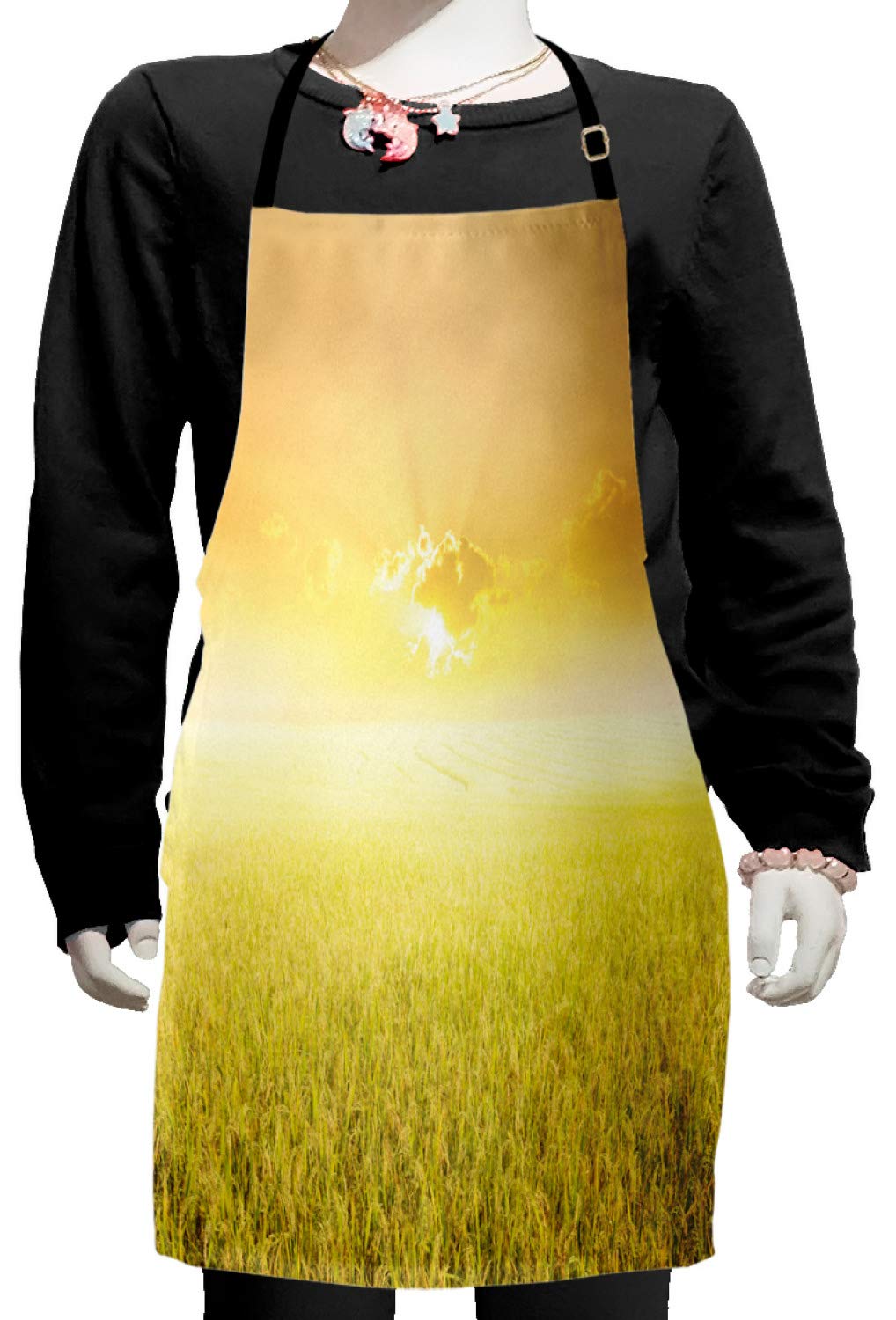 Ambesonne Adjustable Yellow Apron - Farm Sunset Design for Baking, Painting & Cooking | Small Size Bib with Ties | Countryside Cloudscape Print | Perfect for Kitchen, BBQ, Crafts & DIY Projects