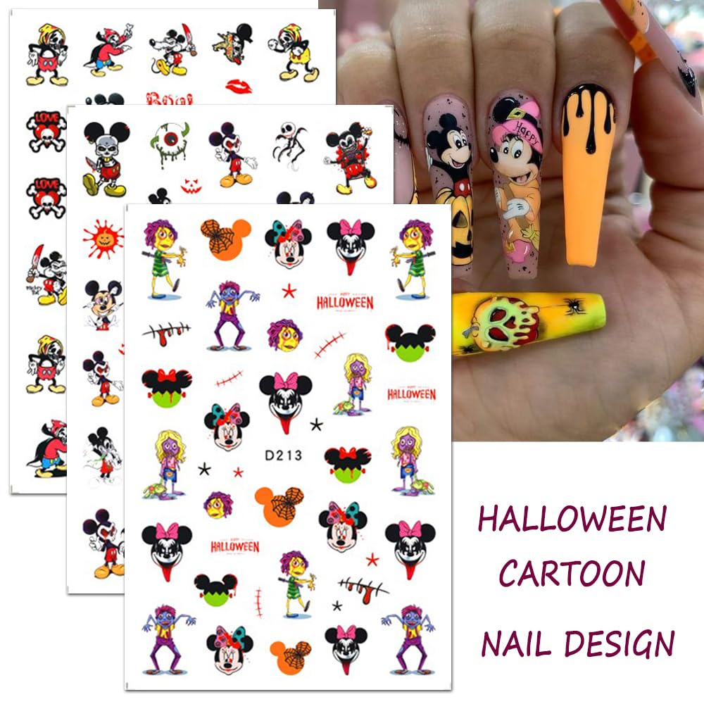 8 Sheets Halloween Nail Stickers - 3D Self-Adhesive Gothic Nail Art Decals with Cute Cartoon Pumpkin & Skull Designs - Fun Manicure Tips for Women & Girls - Perfect for Halloween Parties, Costume Events & Spooky Nail Art
