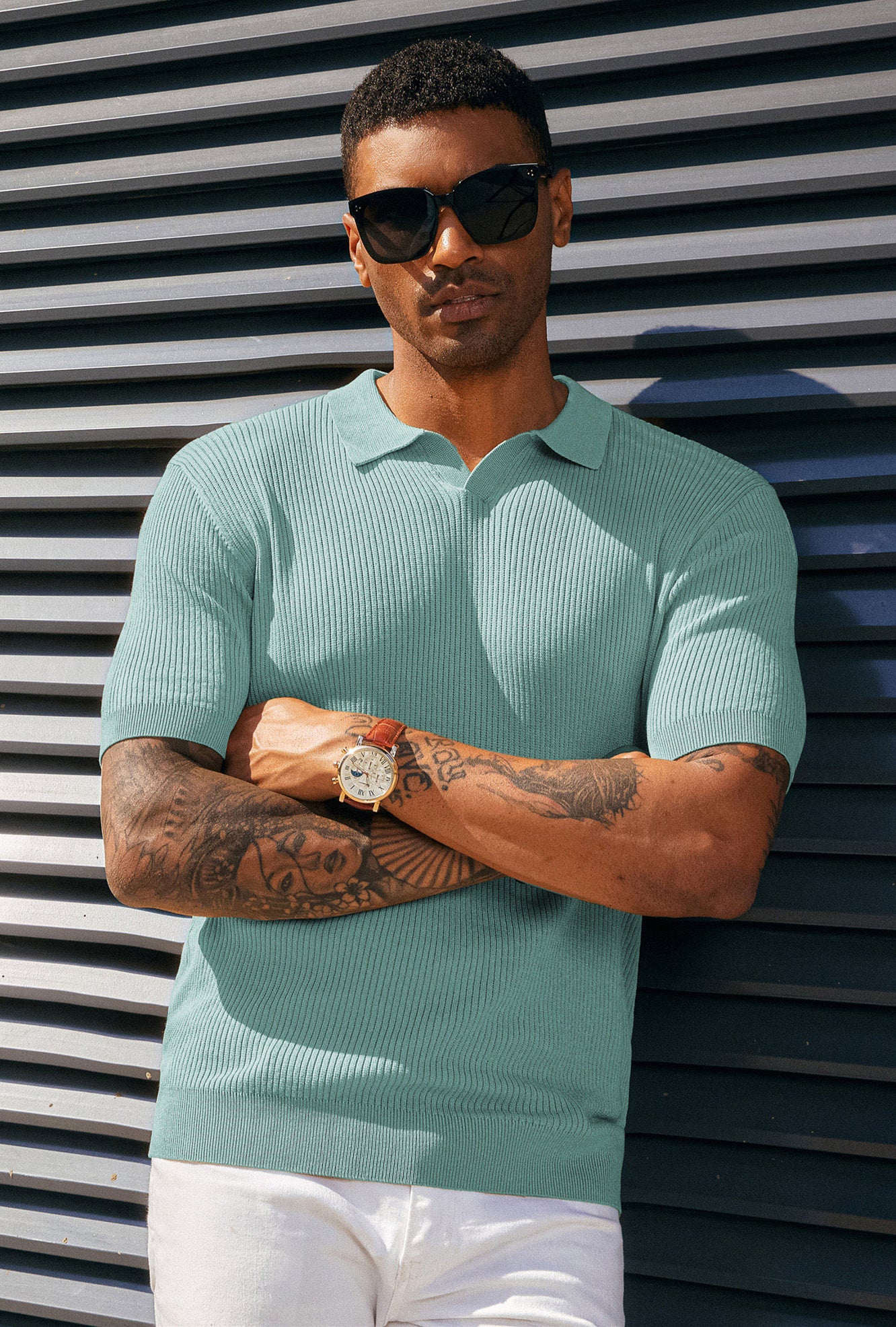 Men's Ribbed Textured V-Neck Knit Polo Shirt - Breathable Casual Shirt for Work, Golf & Everyday Wear