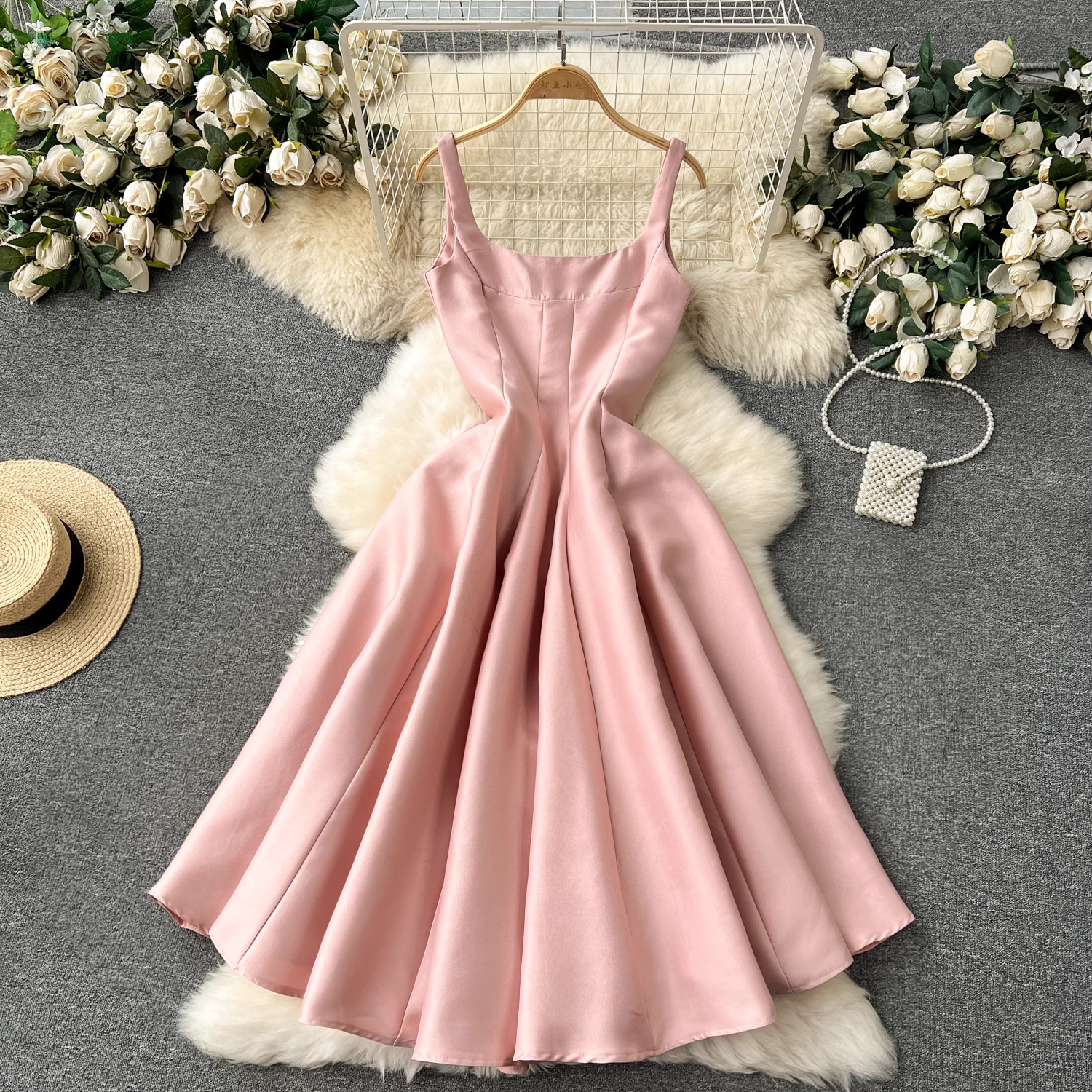 French Square Neck Midi Sleeveless Dress - Elegant Summer Flowy Dress for Women, Perfect for Beach Vacations, Weddings & Date Nights