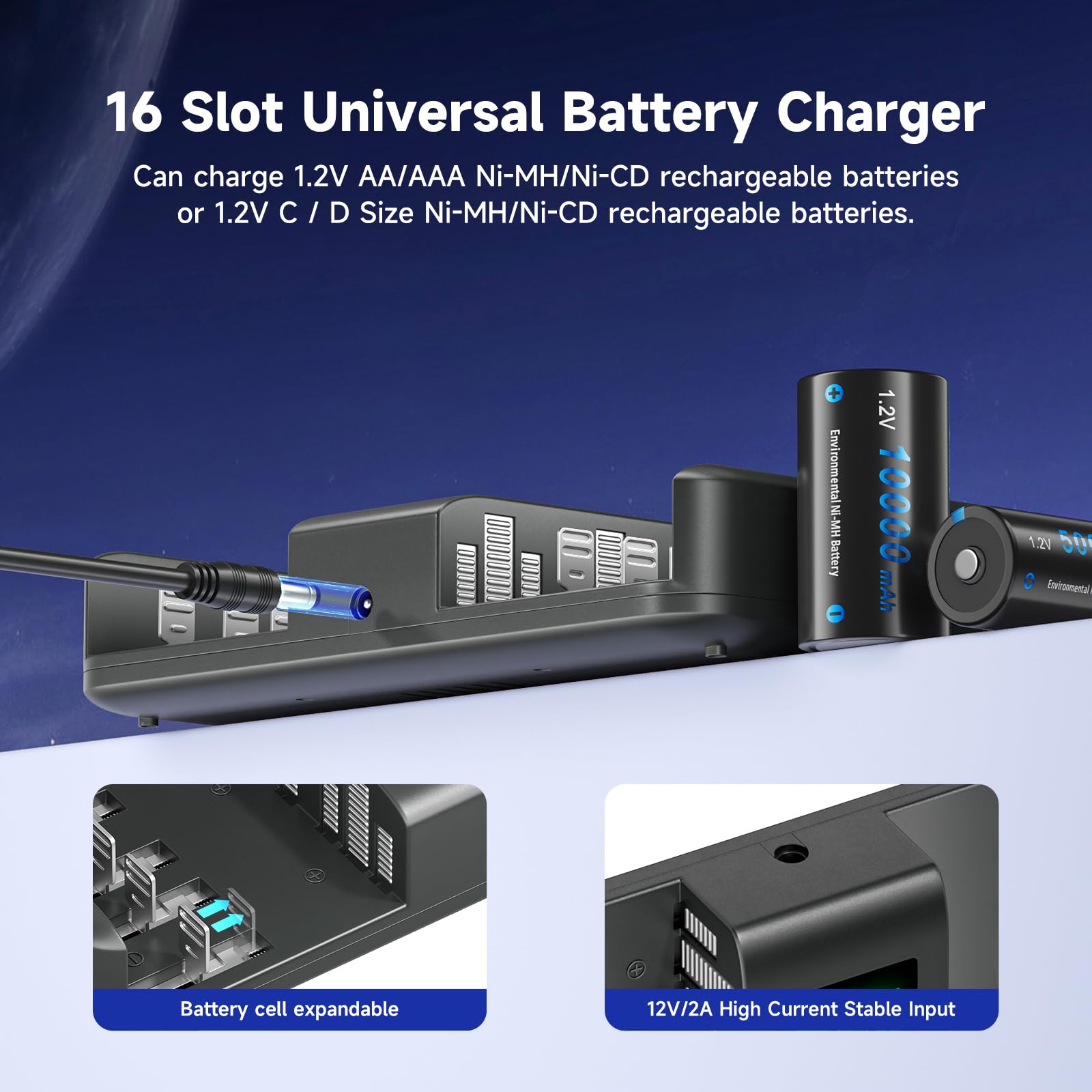 CITYORK 16 Bay Smart LCD Battery Charger for 1.2V Ni-MH AA AAA C D Rechargeable Batteries - Fast Charging with AC Adapter - Ideal for Home, Office, and Electronic Devices