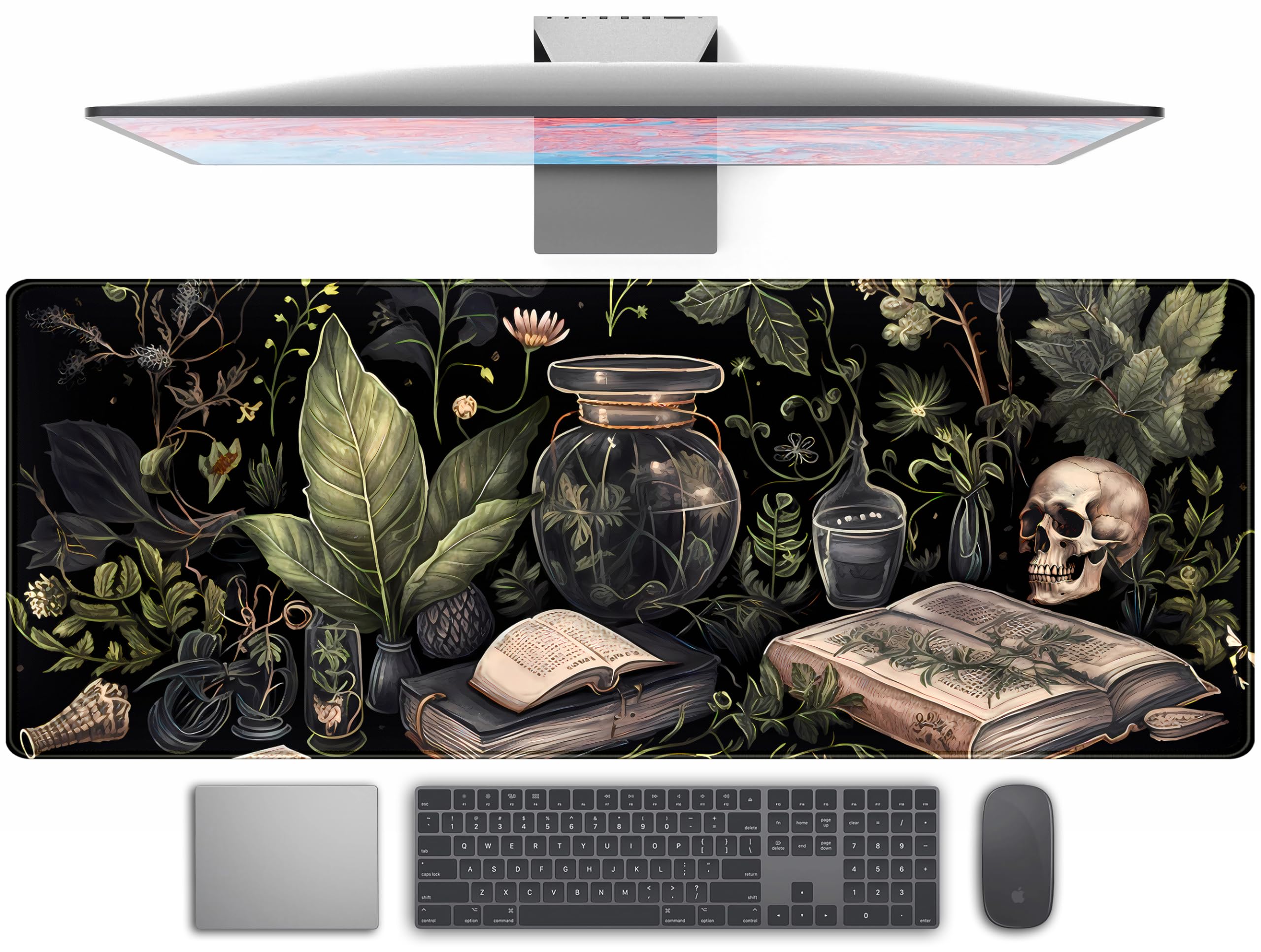 Dark Academia Desk Mat - XL Extended Large Gaming Mouse Pad with Mystical Green Plant Design, Non-Slip Computer Laptop Keyboard & Mouse Mat (31.5x11.8 in) - Perfect for Office, Study & Gaming Setup