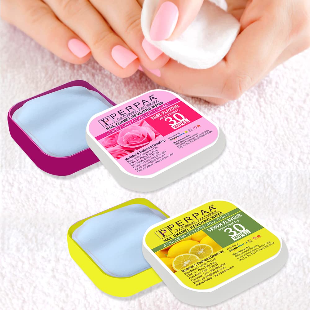 Perpaa Nail Polish Remover Cotton Pads - 100 Count, Acetone-Free Wet Wipes for Gel & Regular Polish (Lemon Rush & Rose Petal Scent, Pack of 2) - Gentle Nail Care for Home, Salon & Travel Use