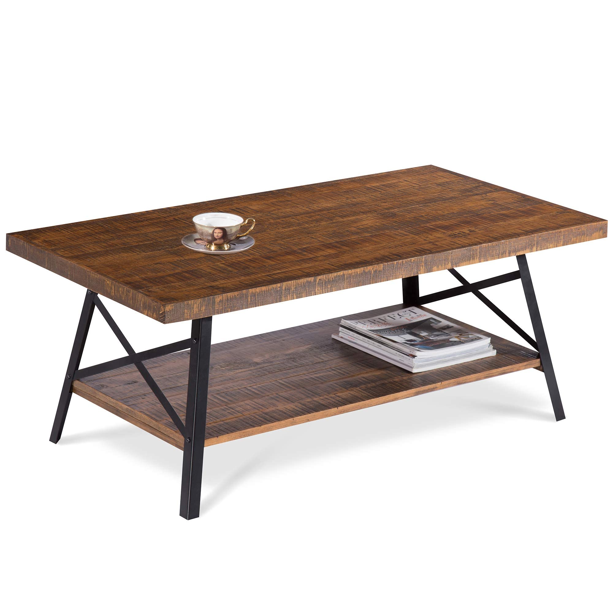 Olee Sleep Rustic Brown Cocktail Table with Sturdy Metal Legs - Perfect for Living Room, Lounge, and Small Space Decor
