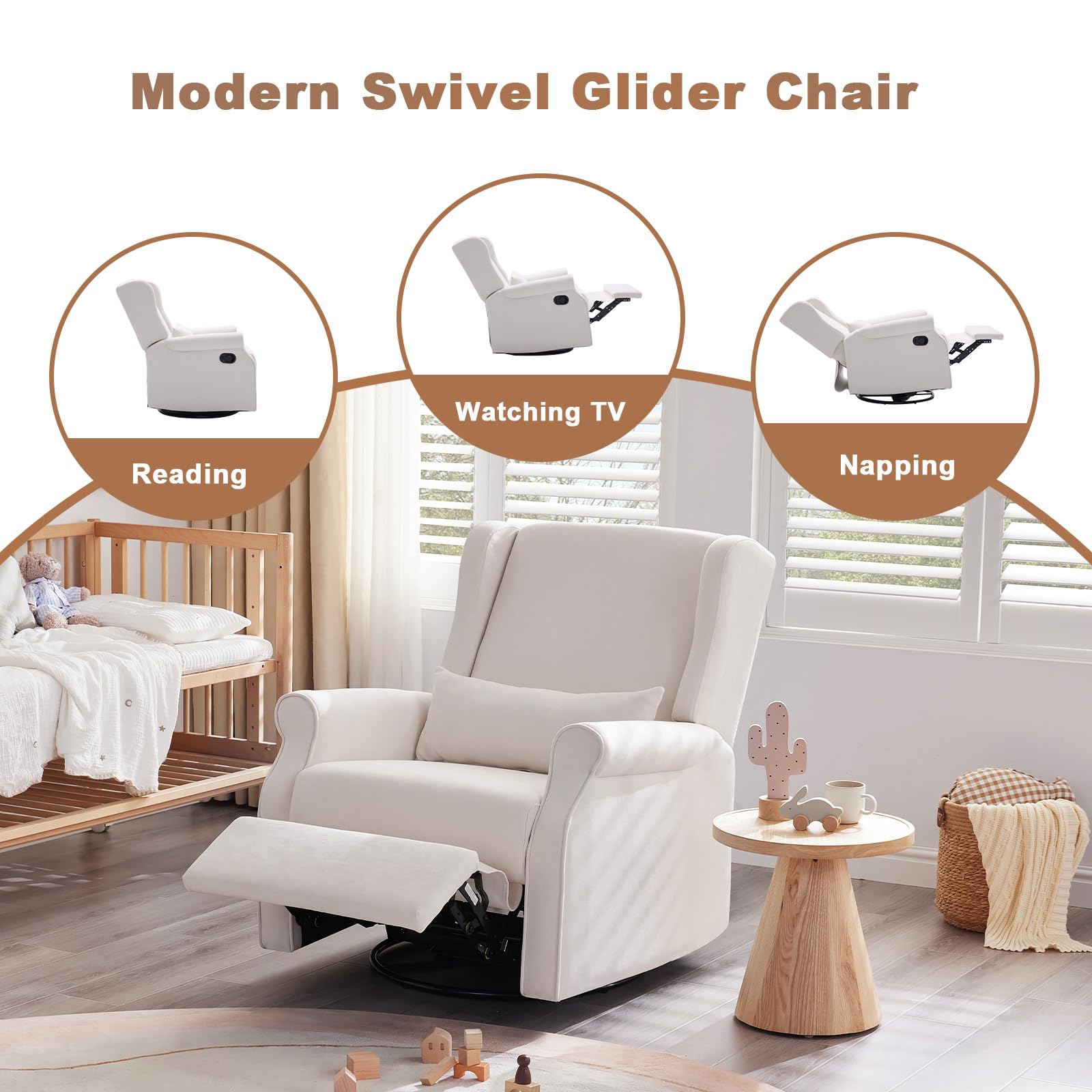 360° Swivel Glider Rocking Recliner Chair with Footrest - Manual Nursing Rocker for Nursery & Living Room - Soft Beige Fabric - Perfect for Breastfeeding, Reading & Relaxing