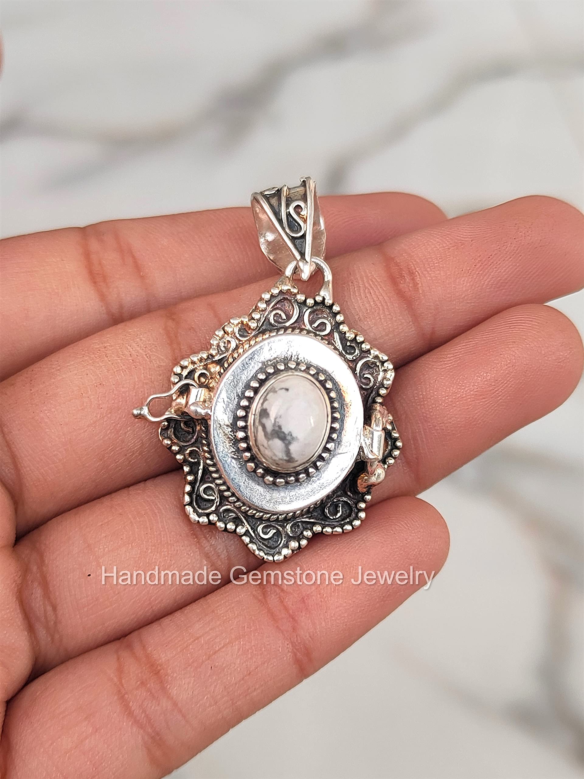 White Howlite Pendant Necklace - Poison Box & Secret Message Jewelry - White Marble & Buffalo Turquoise Stone Charm - Perfect for Gothic Fashion, Steampunk Accessories and Unique Gift Giving