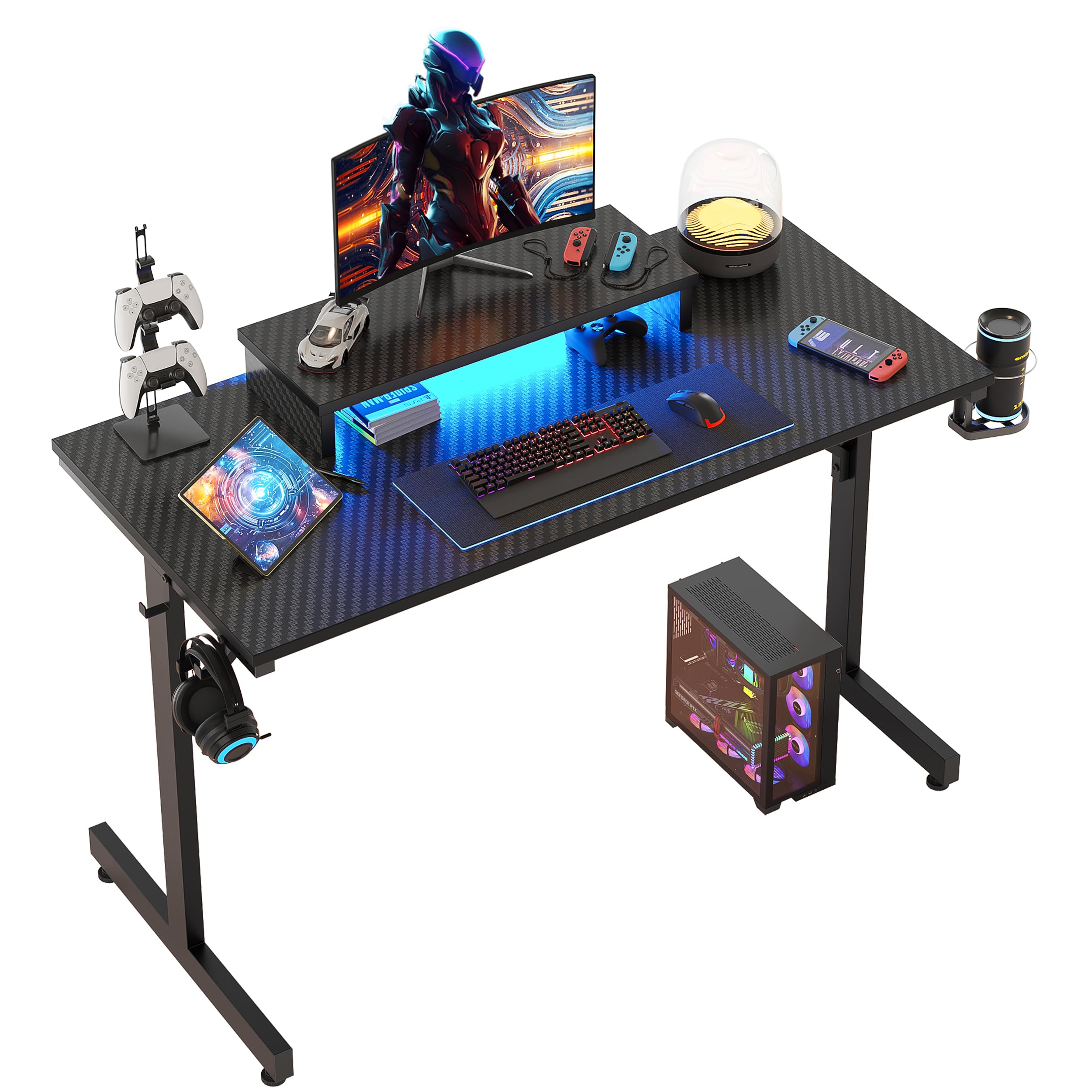 Bestier 42 Inch Gaming Desk with LED Lights - Small Computer Desk with Monitor Shelf & Headphone Hook - Black Carbon Fiber Texture Gaming Table for Kids & Teens - Perfect for PC Gaming, Streaming & Home Office Setup