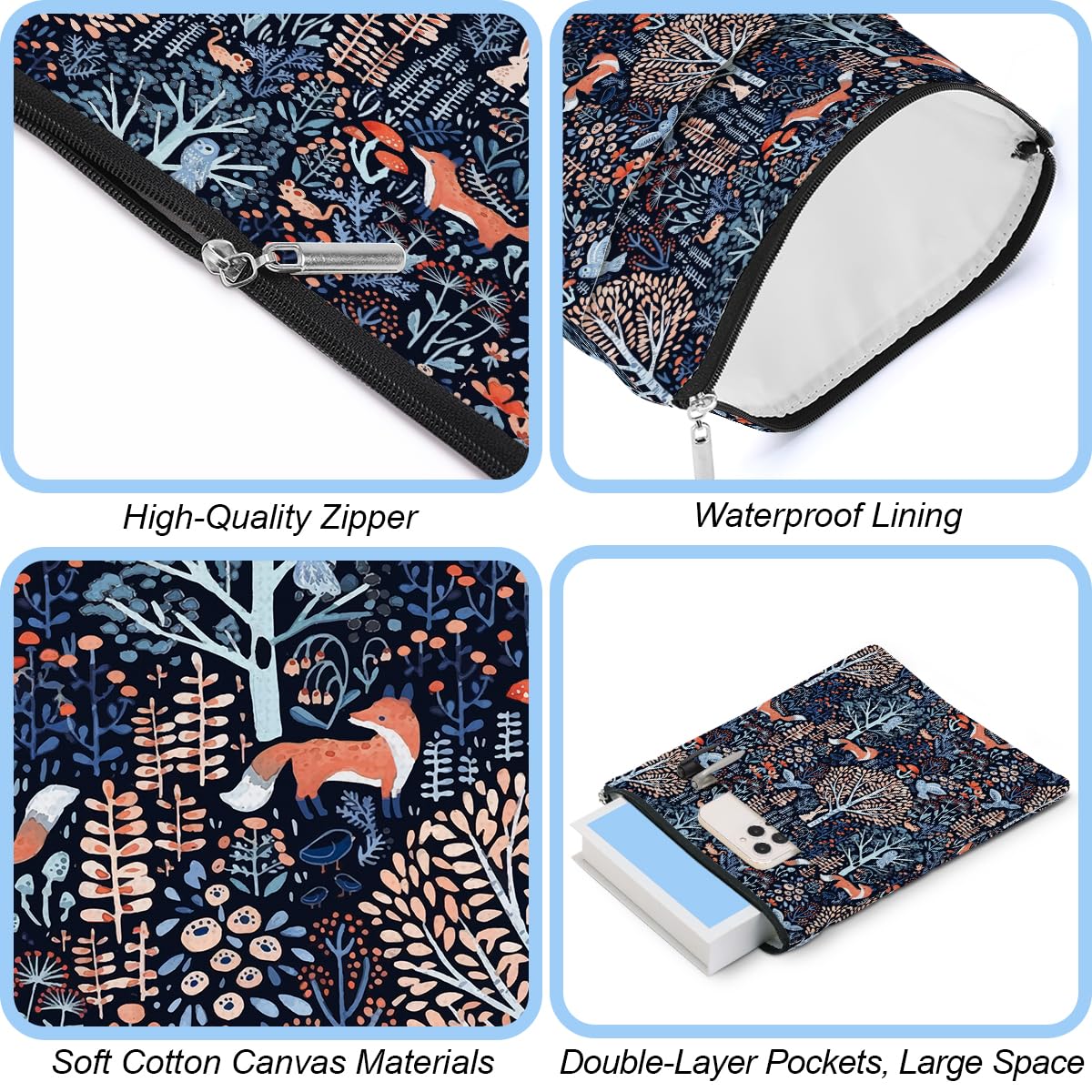 Fox Printed Book Sleeve with Zipper - Washable Book Cover Protector for Hardcover & Paperback - Perfect Gift for Book Lovers, Teachers & Students - Ideal for Reading, Travel & School Use