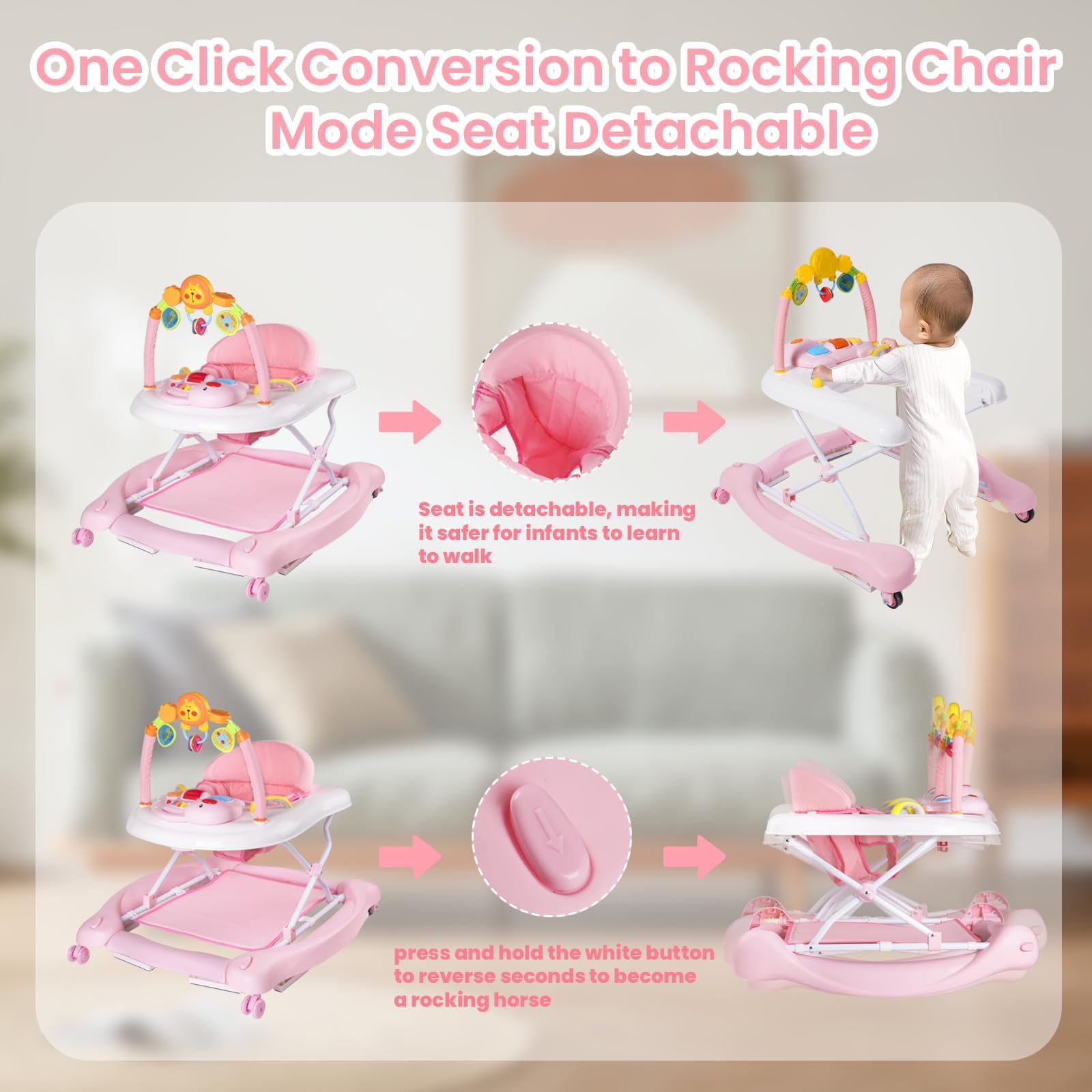 5-in-1 Baby Walker for Boys & Girls 6-12 Months | Foldable Activity Walker with Adjustable Height, Removable Footrest & Feeding Tray | Infant Walker with Bouncer & Music | Perfect for Learning to Walk & Playtime at Home