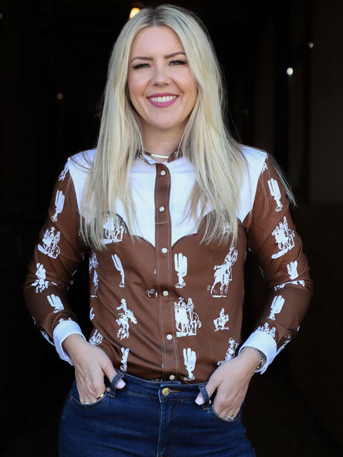 Buckaroo Women's Performance Rodeo Shirt - Western Style Ranch Dressing Shirt in Brown for Barrel Racing & Rodeo Events