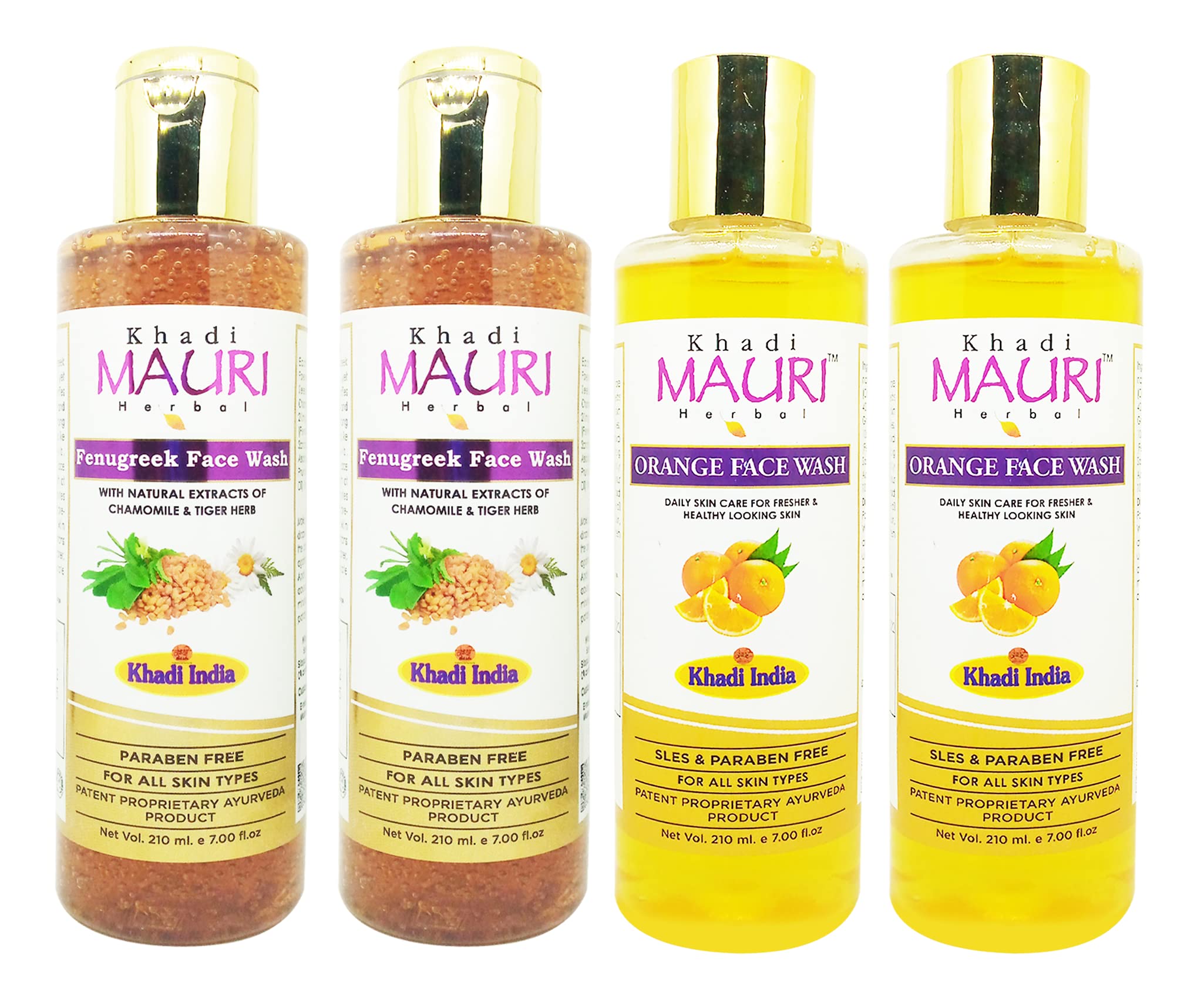 Khadi Mauri Fenugreek & Orange Face Wash for Glowing Skin - 4 Pack (840ml) | Natural Cleanser for Acne, Oily & Dry Skin | Daily Face Wash Routine