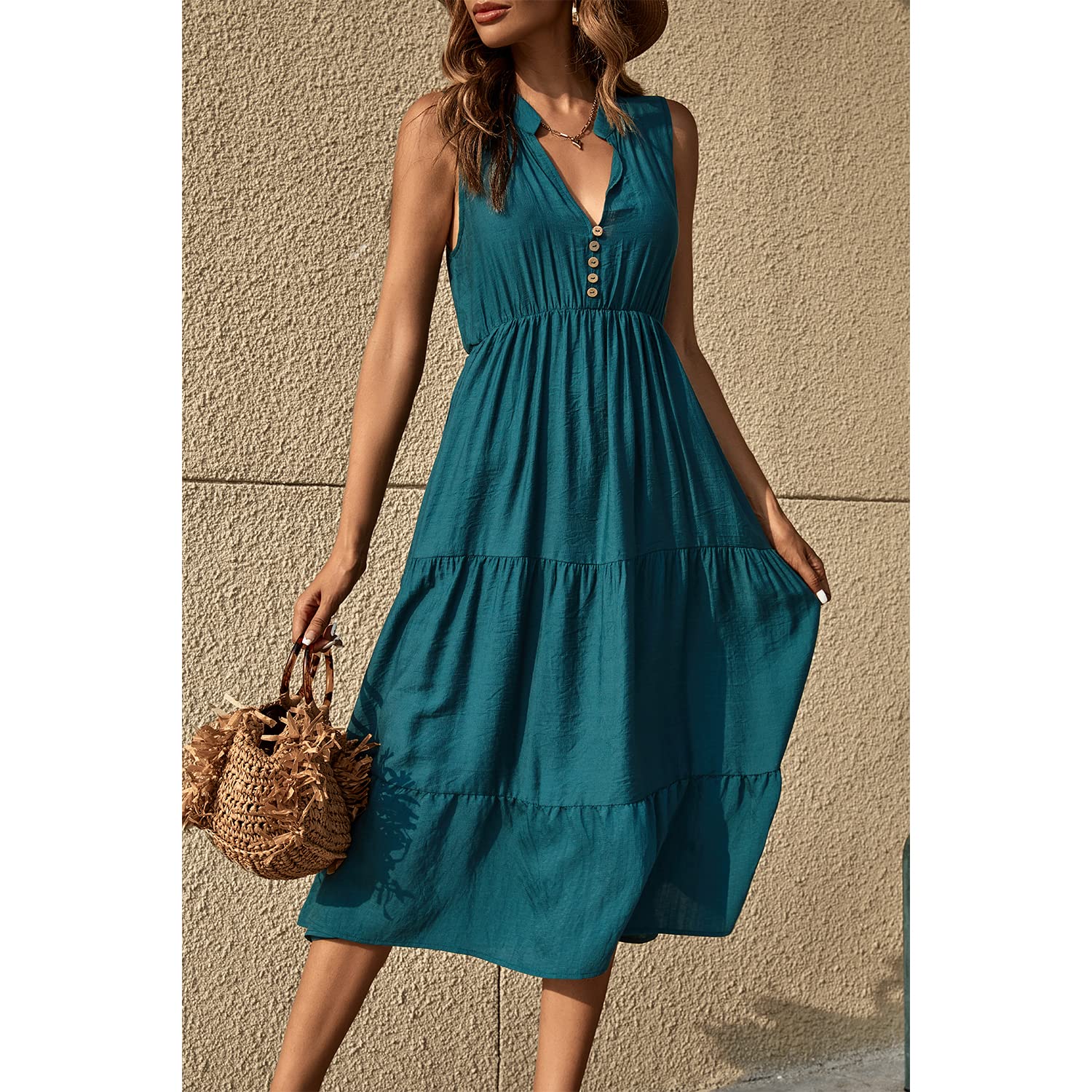 BROVAVE Women's 2025 Summer Sleeveless Striped V-Neck Collar Shirt Dress - Casual Midi Dress for Beach, Office & Everyday Wear