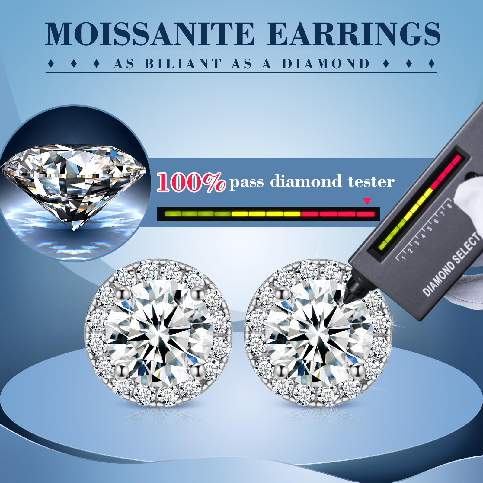 Moissanite Earrings for Women & Men - 3-10MM 925 Sterling Silver Diamond Stud Earrings (0.2-4.0CTTW) | Hypoallergenic White Gold Halo Earrings with Secure Screw Backs | Valentine's Day Gift, Anniversary Present, Wedding Jewelry