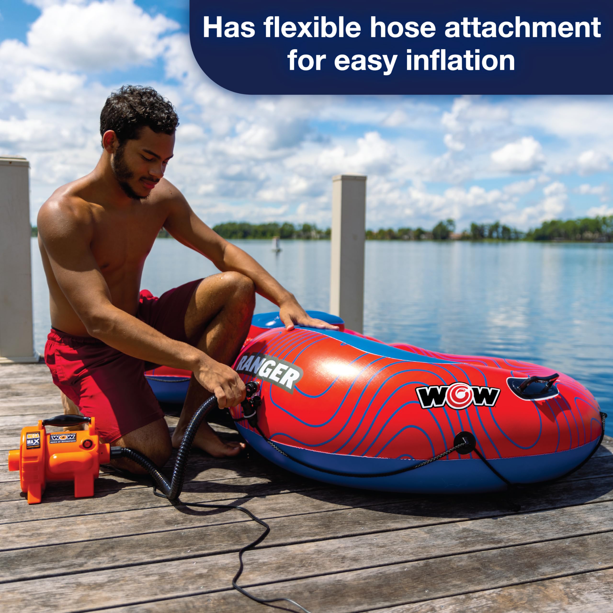 WOW Watersports Mega Max Power Air Pump 16-4020 - High Performance Inflator for Boats, Pools, SUPs & Water Toys | Orange | Heavy Duty Electric Pump for Fast Inflation