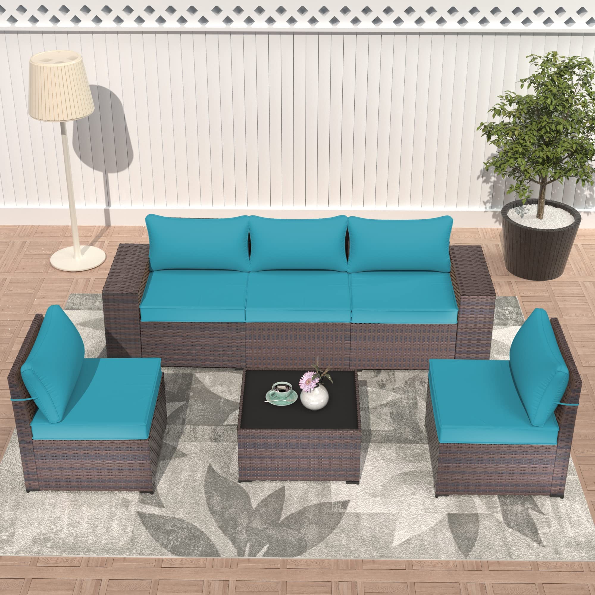 6-Piece Outdoor Patio Furniture Set - All-Weather PE Rattan Sectional Sofa with High Backrest, Coffee Table & Teal Cushions | Perfect for Backyard, Garden, Poolside & Patio Relaxation