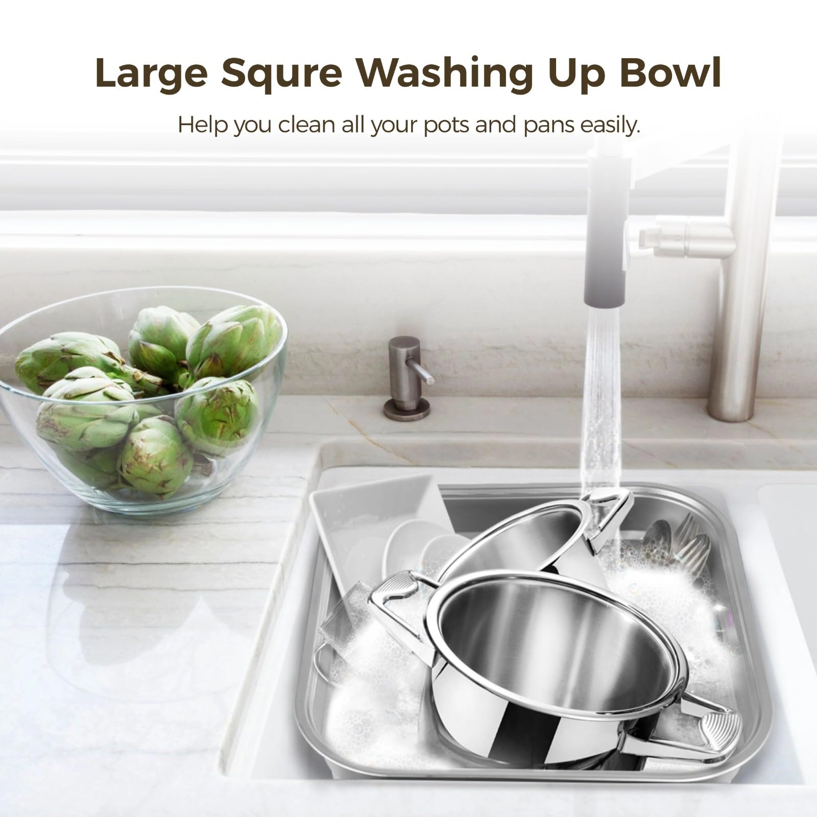 Yeesport Stainless Steel Dish Tub - Large Square Kitchen Sink Basin for Washing Vegetables, Dishes & Multi-Purpose Use | Durable & Rust-Proof Dishpan for Home & Commercial Kitchens | Perfect for Meal Prep, Cleaning Produce & Organizing Sink Area