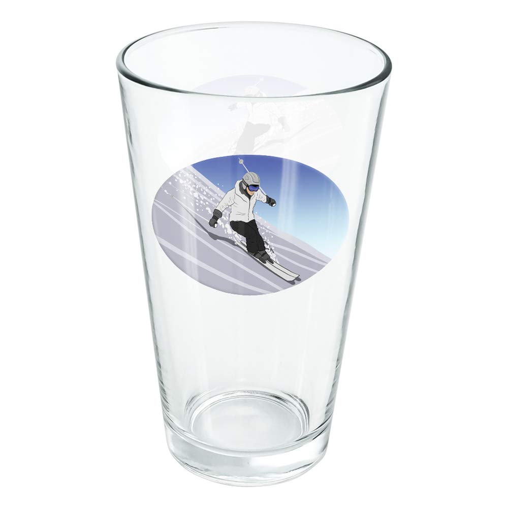 LOGOVISION 16 oz Pint Glass - Tempered Skiing Down Mountain Skier Snow Skis Design - Perfect Fan Gift for Beer, Soda & Cold Beverages - Ideal for Winter Sports Enthusiasts, Après-Ski Drinks & Home Bar Decor