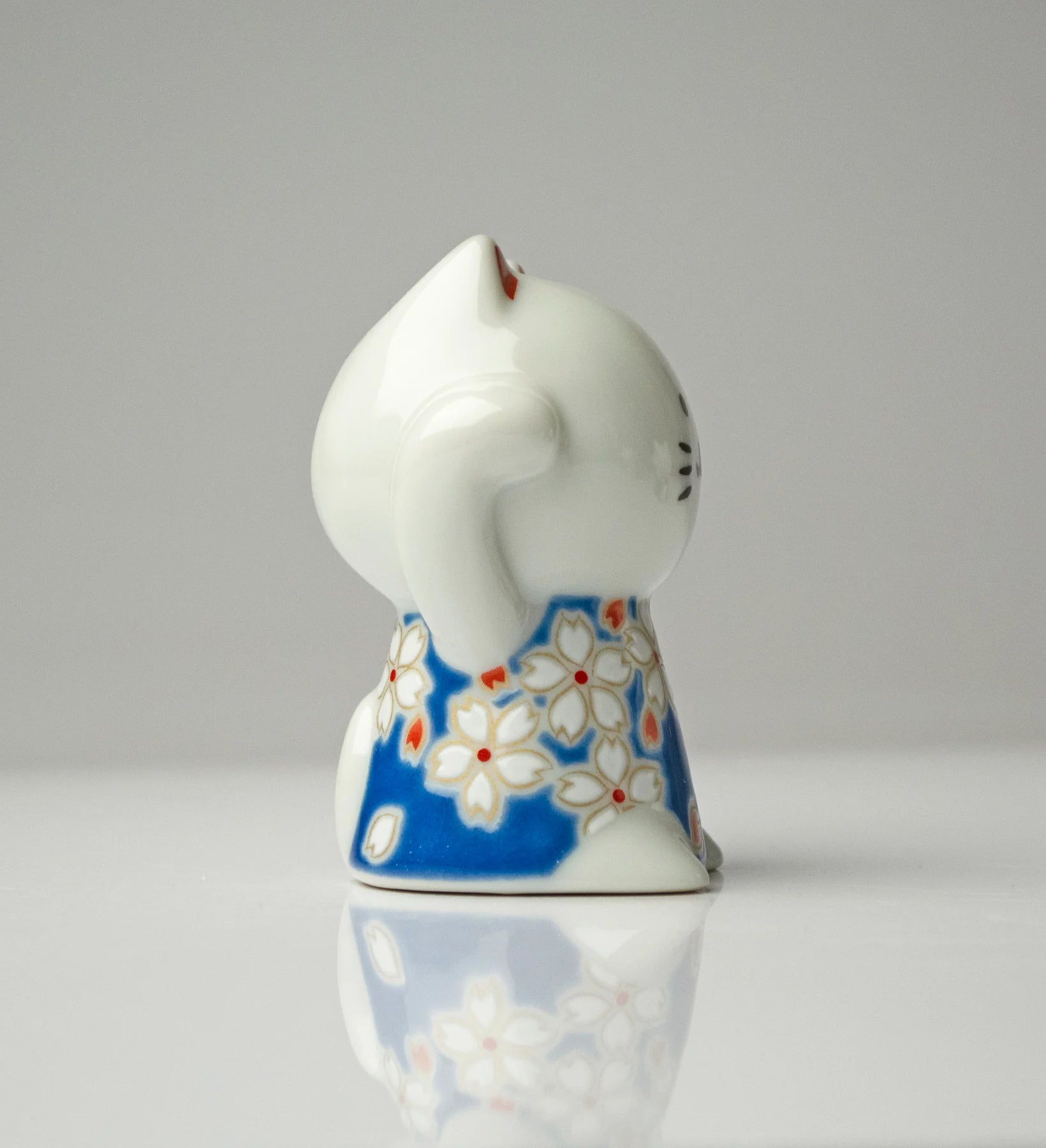 Authentic Kutani Yaki Japanese Maneki Neko Beckoning Cat Figurine - Cherry Blossom Design | Lucky Charm for Home, Office & Gift Giving