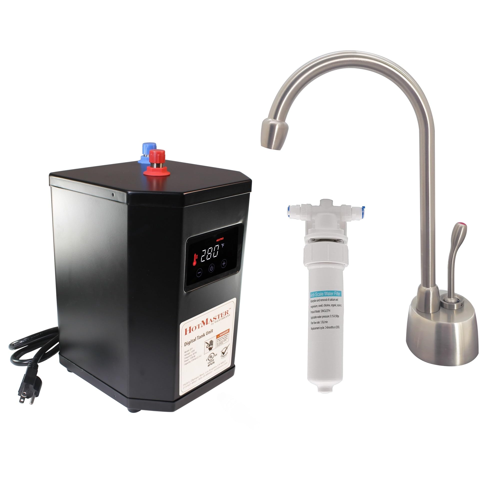 Westbrass DT1F271-20 9-Inch Single Handle Hot Water Dispenser Faucet with DigiHot Digital Tank System & Inline Water Filter - Stainless Steel - Perfect for Kitchen, Office, or Breakroom Instant Hot Water Needs