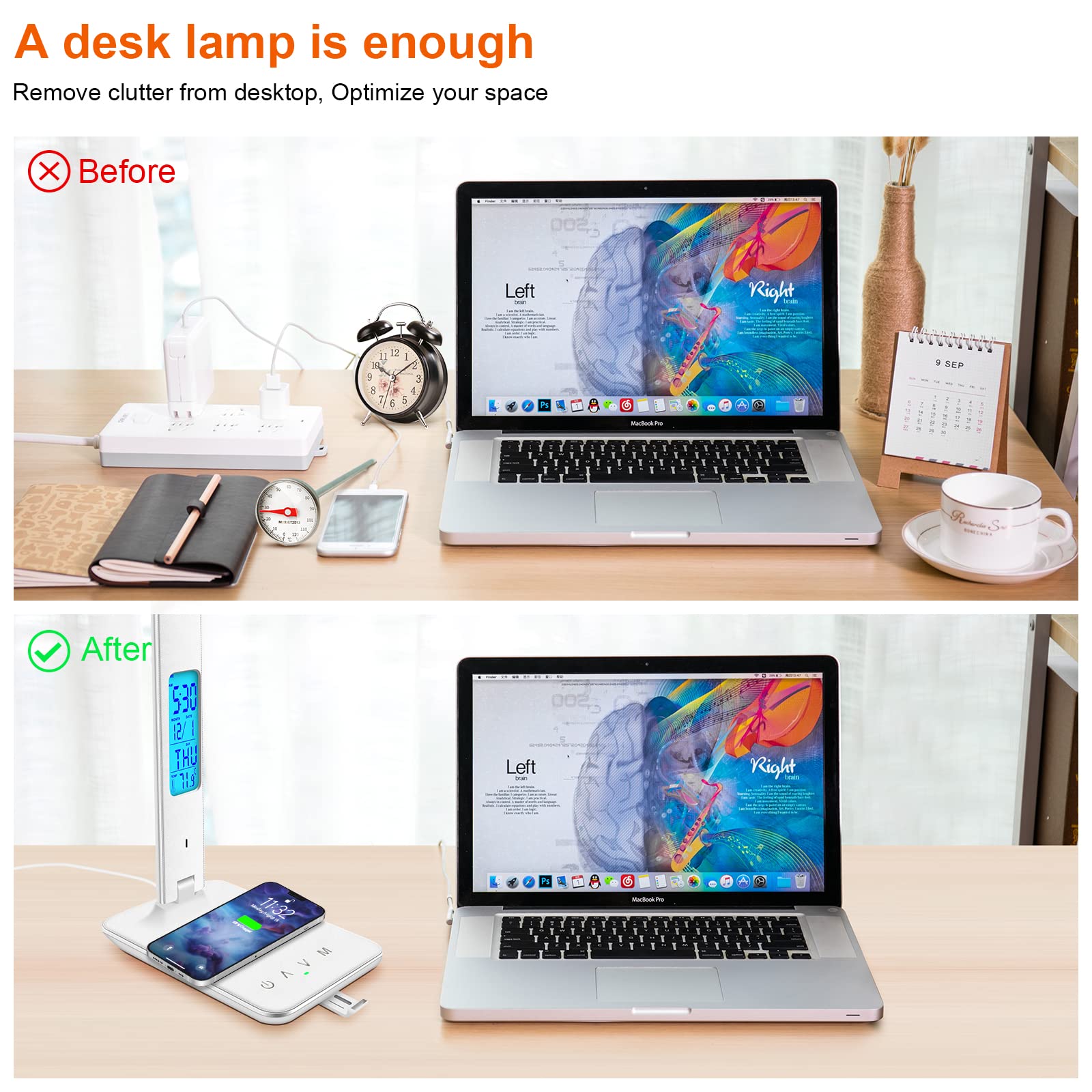 Wireless Charging Desk Lamp with USB Port, Dimmable LED Office Light - Built-in Clock, Alarm, Date & Temperature Display - Foldable Table Lamp for Bedroom, Bedside, Office & Study (White) | Perfect for Night Reading, Working & Charging Devices