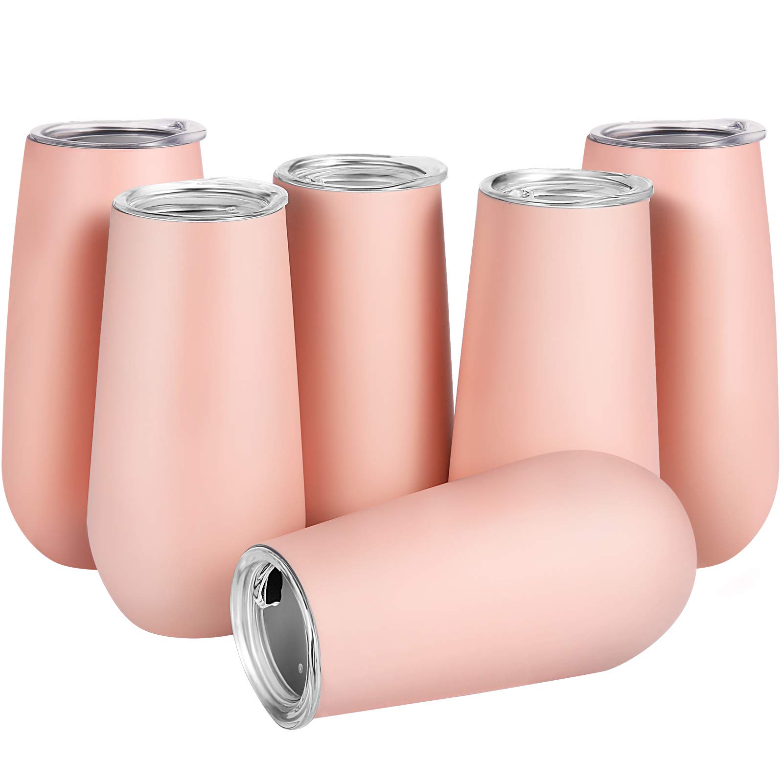 6-Pack Stainless Steel Stemless Champagne Flutes - 6oz Double-Walled Insulated Wine Tumblers with Lips, Unbreakable Cocktail Glasses for Champagne, Coffee & Cocktails - Perfect for Parties, Weddings & Home Entertaining (Pink)