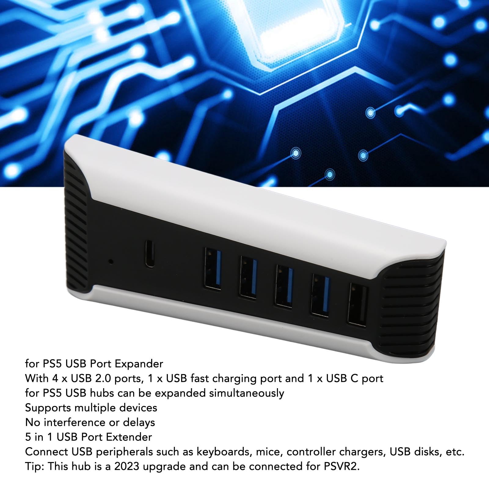 PS5 USB Hub 5-Port High-Speed Expansion Hub with 4 USB 2.0 Ports & 1 USB-C Port - Compatible with Keyboard, Mouse, Controller Chargers & External Drives - Plug & Play for Gaming Setup & Home Office