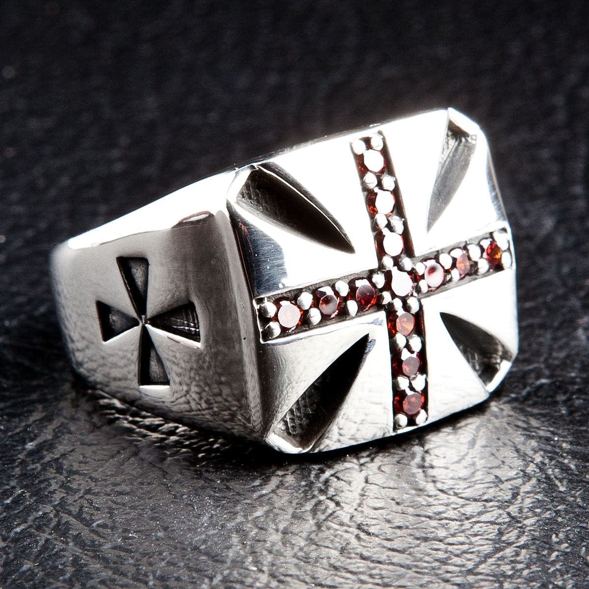 Garnet Cross Sterling Silver Biker Ring for Men - Gothic Punk Jewelry for Motorcycle Riders, Bikers, and Rock Fashion Lovers