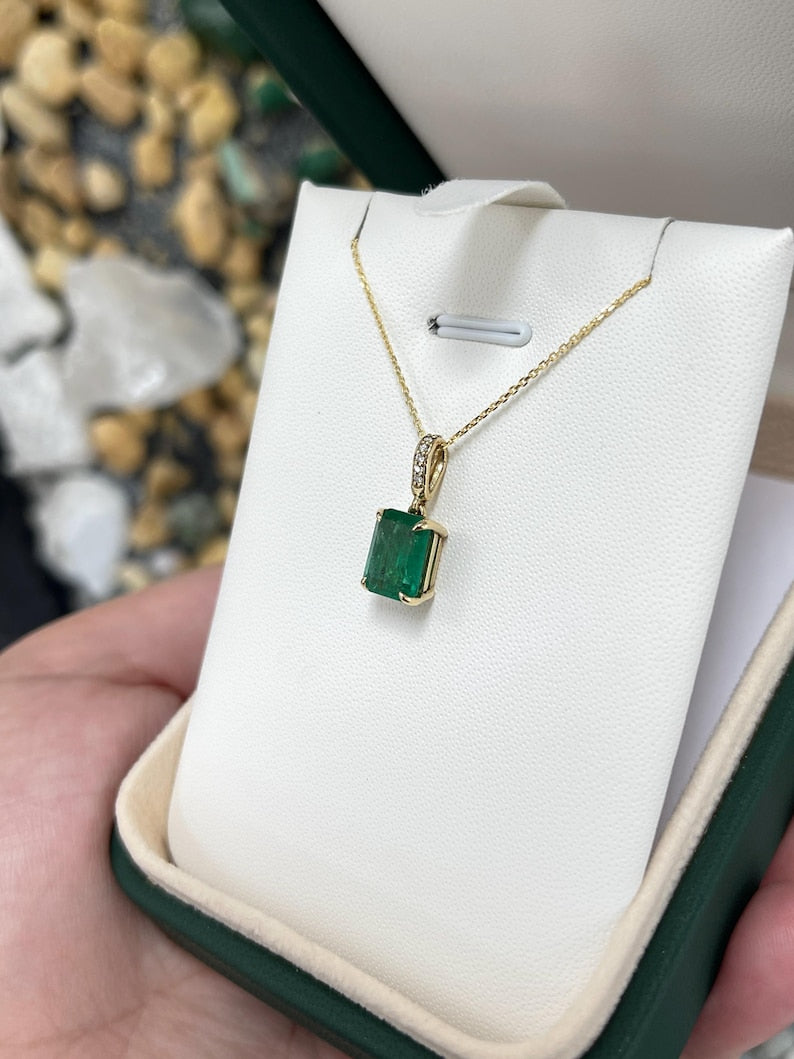 2.16tcw 14K Natural Emerald Cut Emerald & Diamond Accent Pendant Necklace - Lush Dark Green Gemstone Jewelry for Women, Elegant Gift for Anniversary, Birthday & Special Occasions