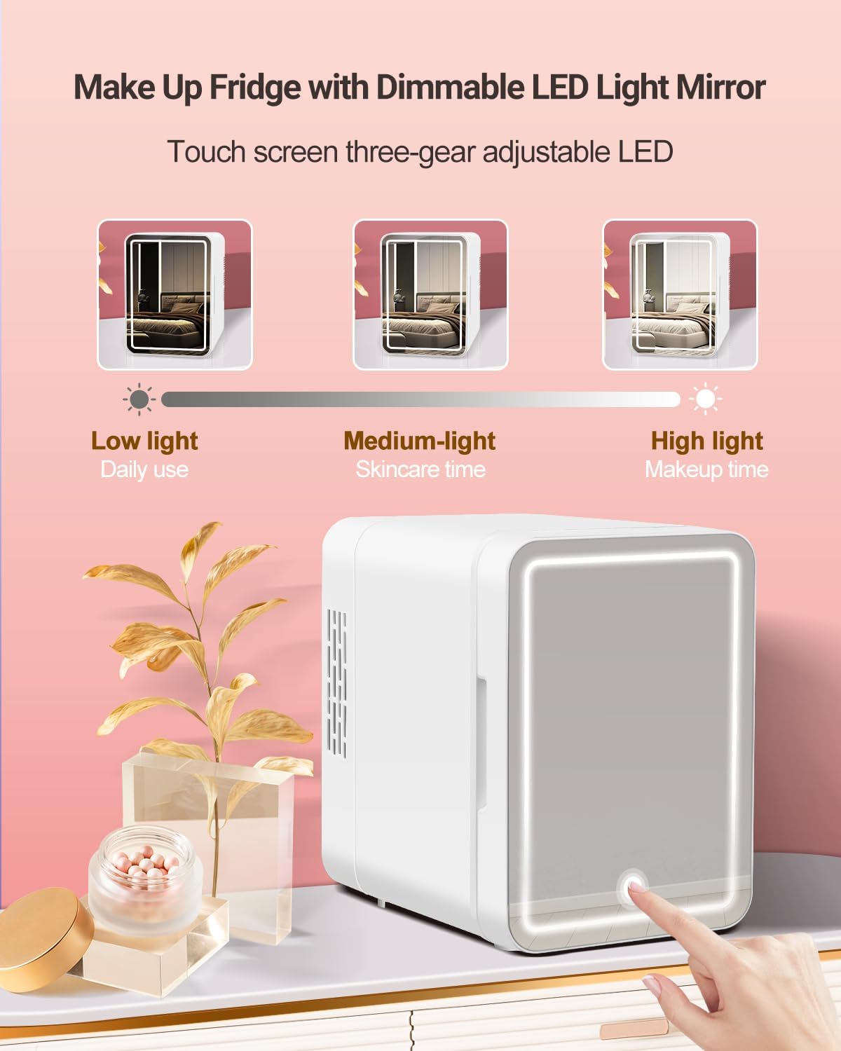 Portable 4L Mini Fridge for Skincare & Cosmetics - Thermoelectric Cooling & Warming Beauty Refrigerator with Mirrored Door, Dimmable LED Light - Perfect for Bedroom, Office, Dorm (White)
