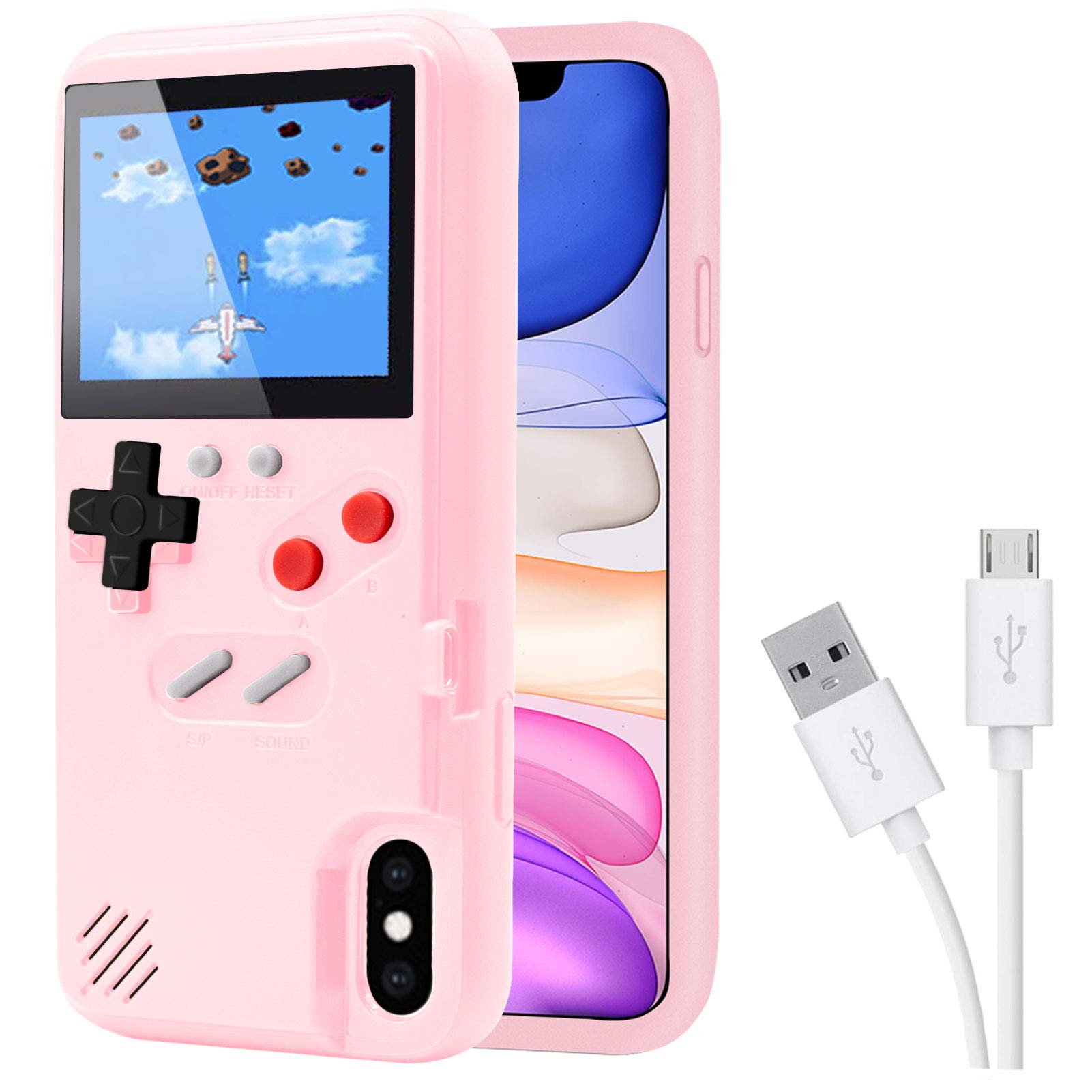 Retro Game Console Case for iPhone Xs Max - Self-Powered Protective Cover with 36 Classic Games & Full Color Display | Portable Gaming Solution for Travel, Commuting & Entertainment (Pink)