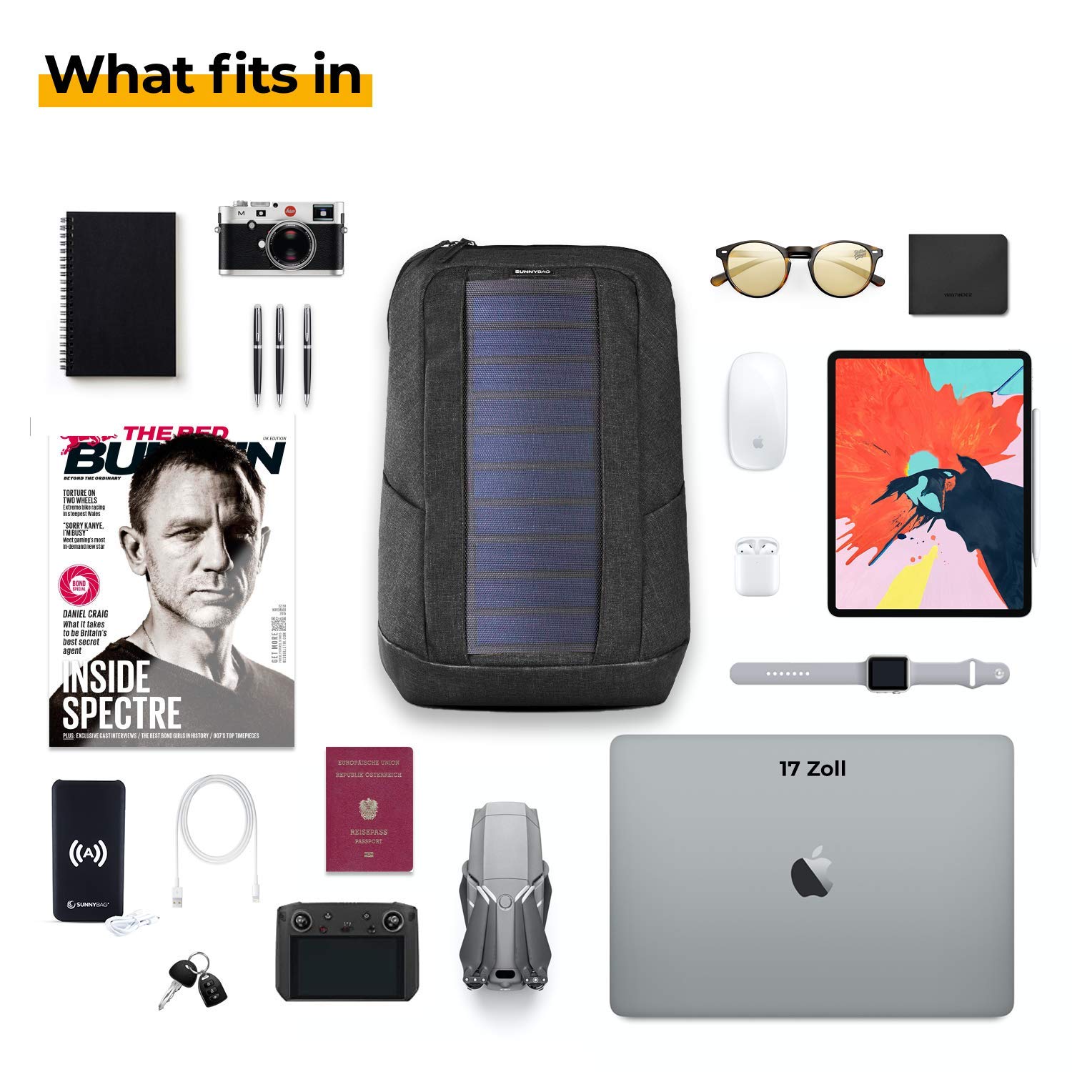 Sunnybag Iconic Solar Backpack with 7W Integrated Solar Panel & USB Port | 20L Water-Repellent Recycled Laptop Backpack Fits 17
