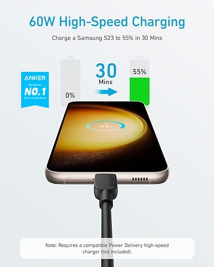 Anker USB C Cable 6ft Fast Charging Cable (60W 3A) for Samsung Galaxy S23, iPad Pro, iPad Air, MacBook Pro, Nintendo Switch - Perfect for Home, Office & Travel Charging