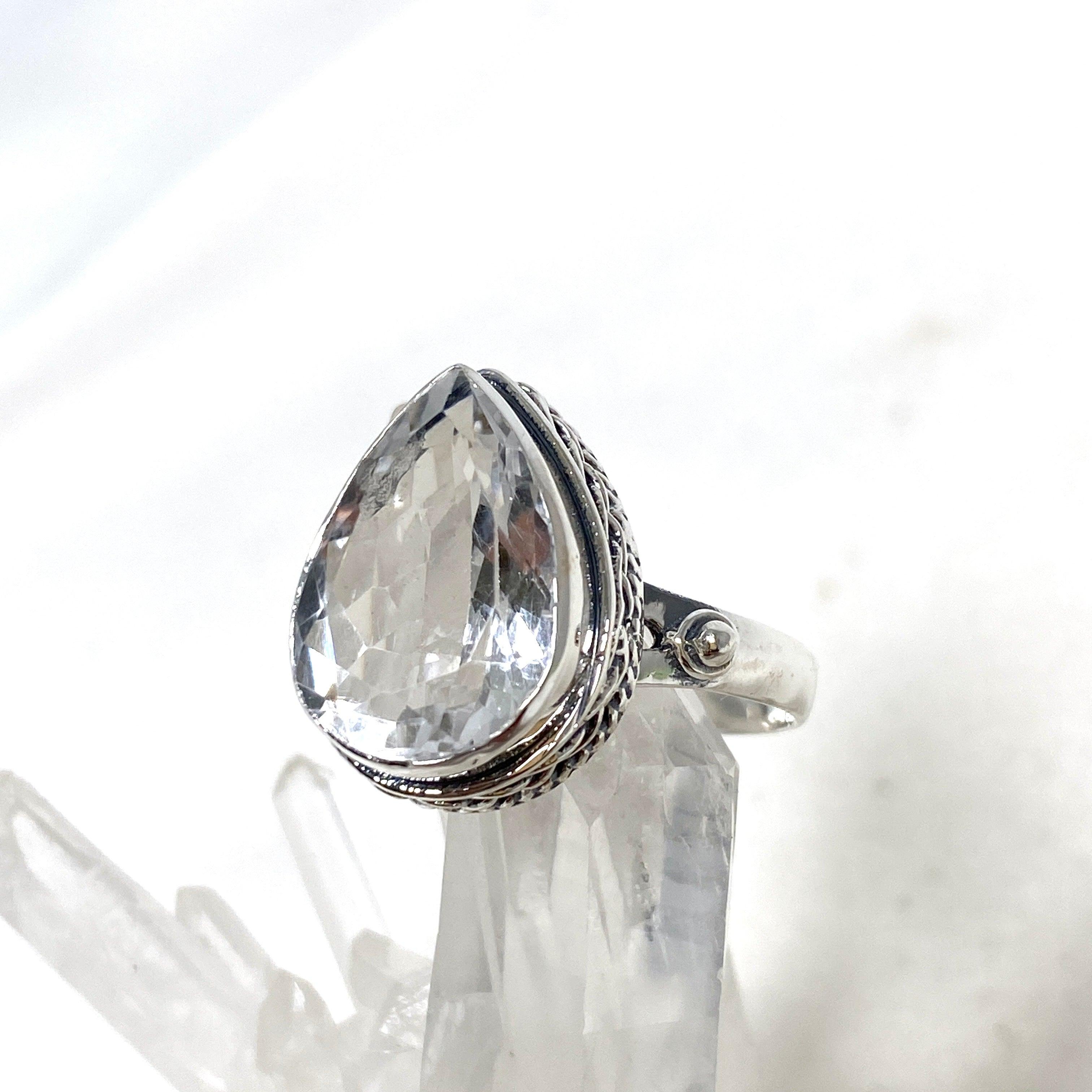 Natural Clear Quartz Faceted Teardrop Ring - Sterling Silver Elegant Setting R3817 | Spiritual Healing Jewelry, Meditation & Energy Work Accessory