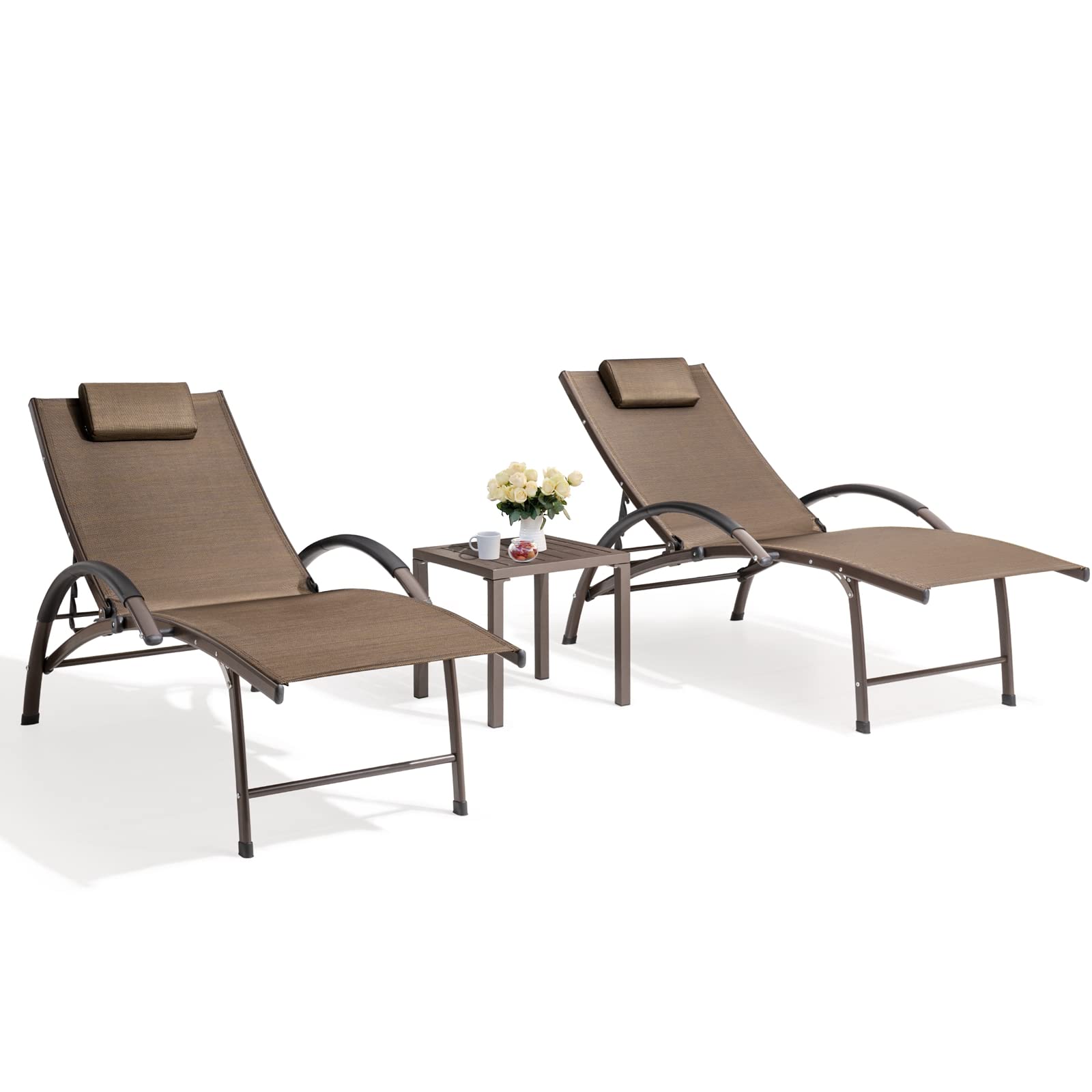 2PCS Aluminum Chaise Lounge Chairs with Side Table - Adjustable 5-Position Recliner for Outdoor, Beach, Patio, Pool & Yard - Lightweight & Durable Sunbathing Chairs for Lawn, Garden & Backyard Relaxation