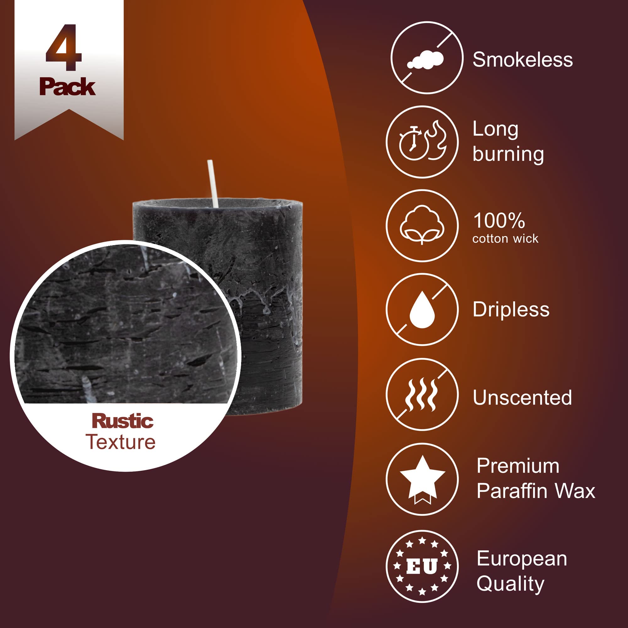 SPAAS Rustic Black Pillar Candles - 4 Pack Unscented 2.8