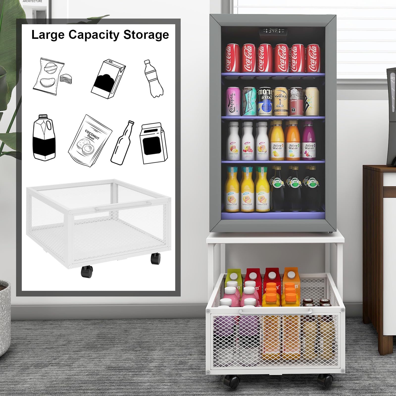 PUNCIA 19.7x19.7 Inch Rolling Fridge Stand with Storage Drawer - Mobile Beverage Cart for Compact Refrigerator, Mini Fridge Organizer - Perfect for Coffee Bars, Dorm Rooms, Home Office & Small Kitchen Spaces
