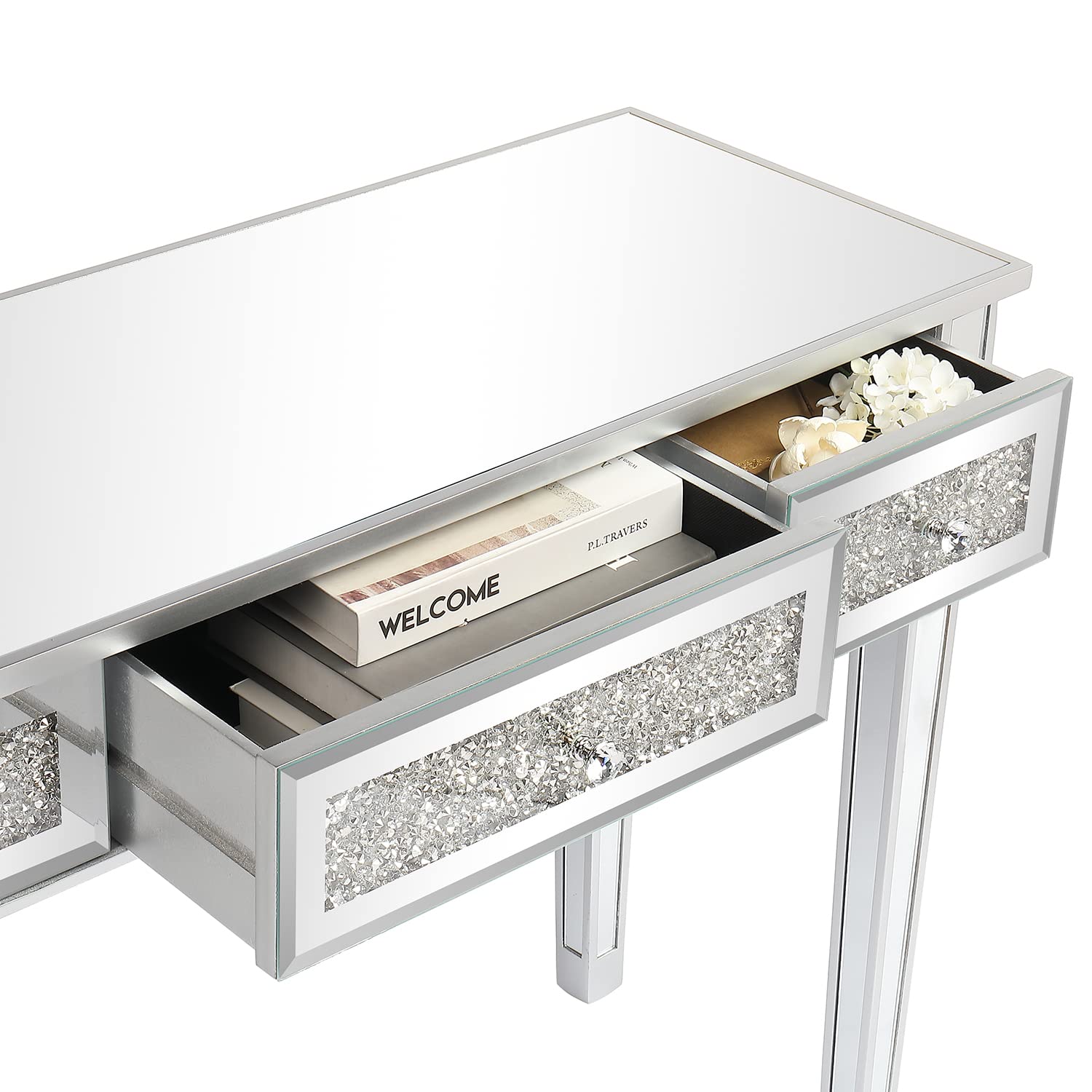 Modern Mirrored Console Table with 3 Drawers - Vanity Dressing Table, Sofa Side Table & Entryway Desk for Home Office, Bedroom & Hallway - Perfect for Makeup, Storage & Living Room Decor