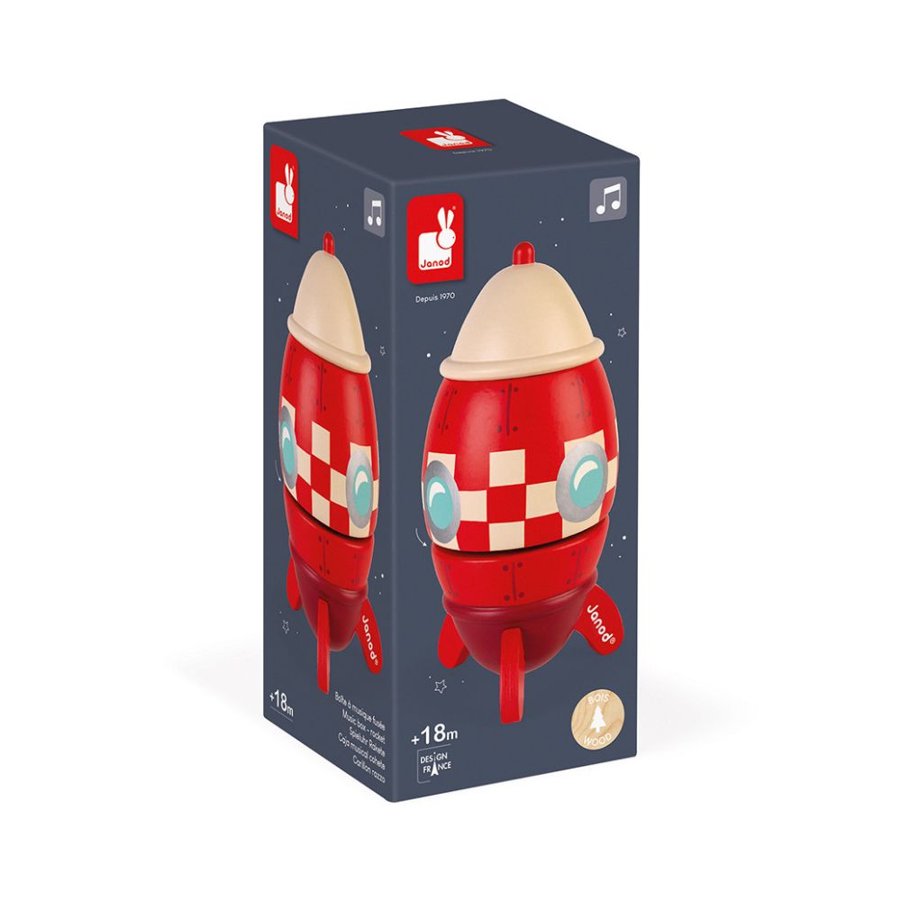 Janod Wooden Rocket Music Box - Handcrafted Musical Gift for Kids, Nursery Decor, Baby Shower Present | Perfect for Bedtime, Playtime & Special Occasions