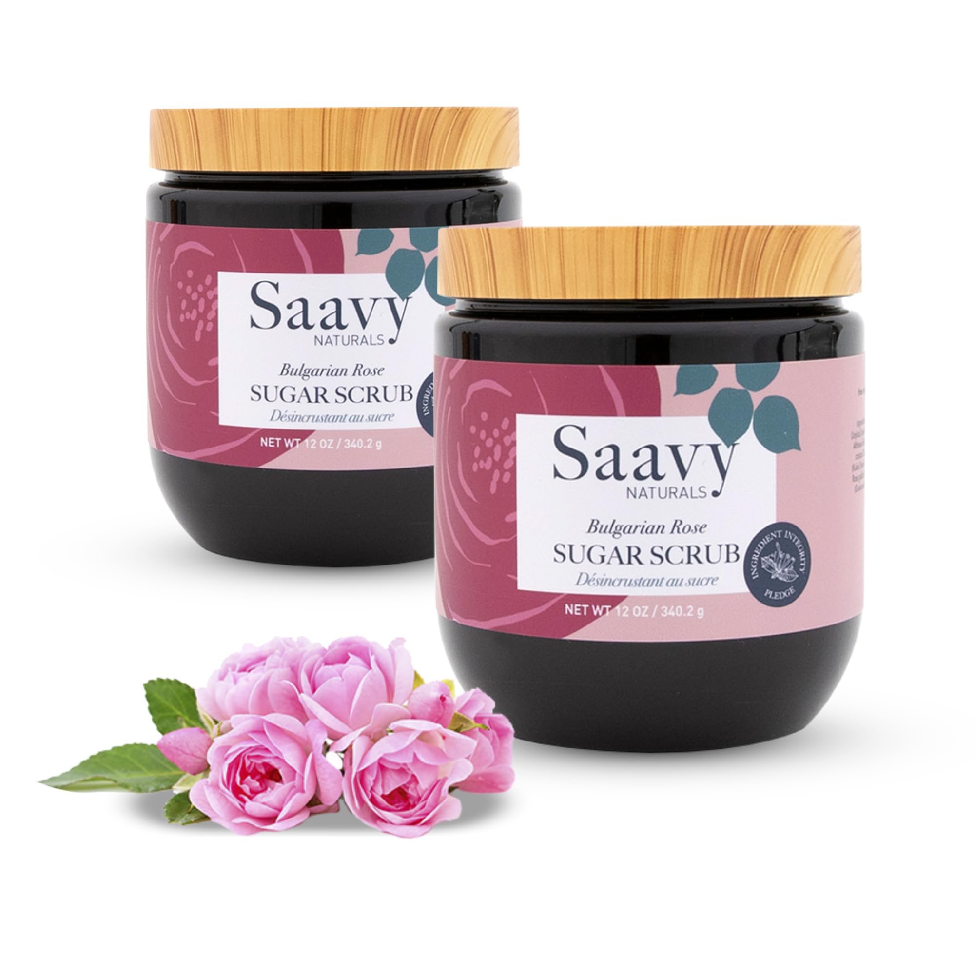 Saavy Naturals Bulgarian Rose Sugar Scrub 2-Pack | Organic Vegan Body Exfoliator with Vitamin E & Natural Oils | Relaxing Rose Scented Skin Care Gift Set | Perfect for Spa Day, Self-Care Routine & Romantic Gifts